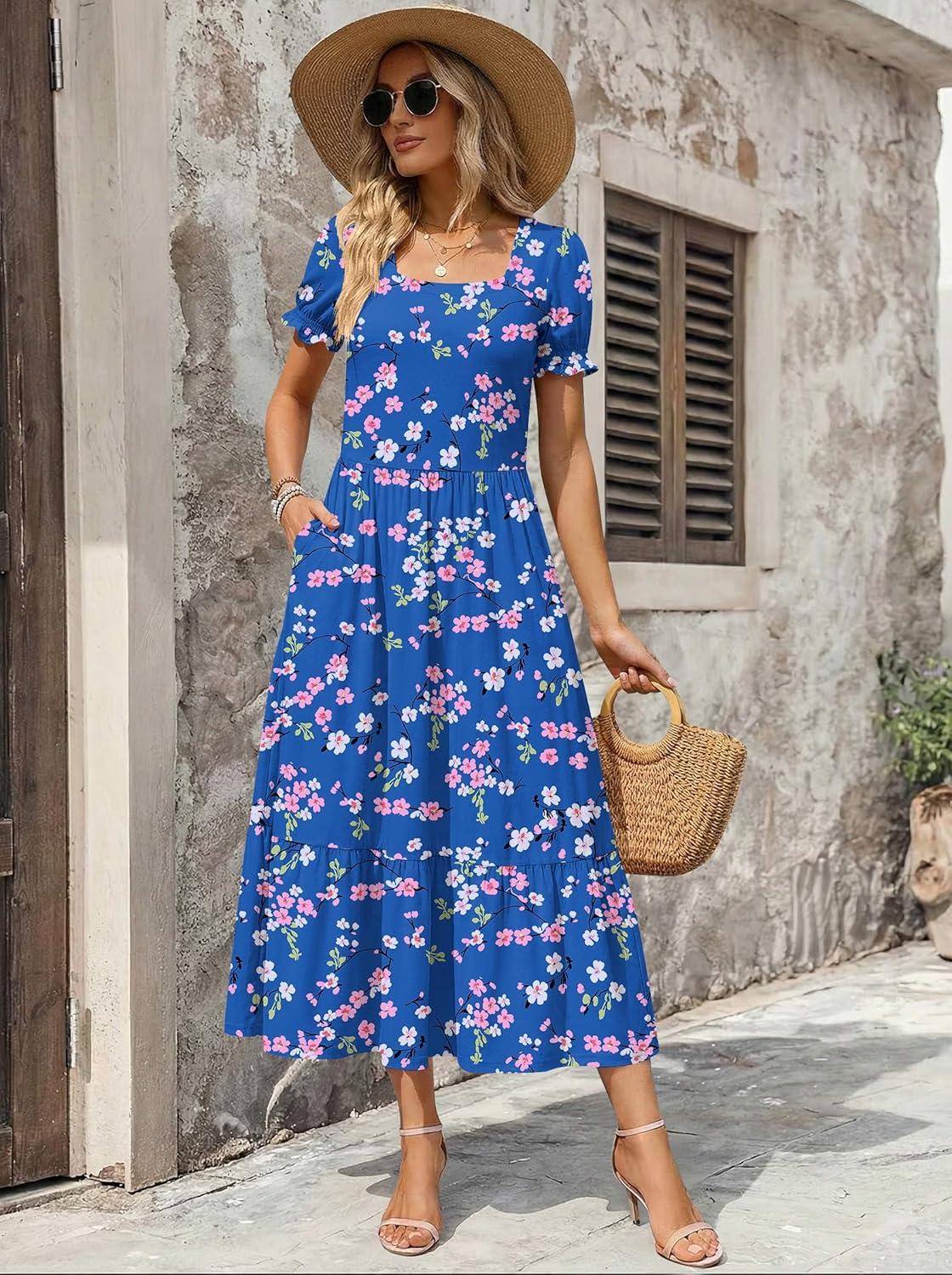 imageZeagoo Summer Dresses for Women Flowy Casual Midi Dress Short Sleeve Tiered Dress Beach Vacation Sundresses with PocketsFloralprinted2
