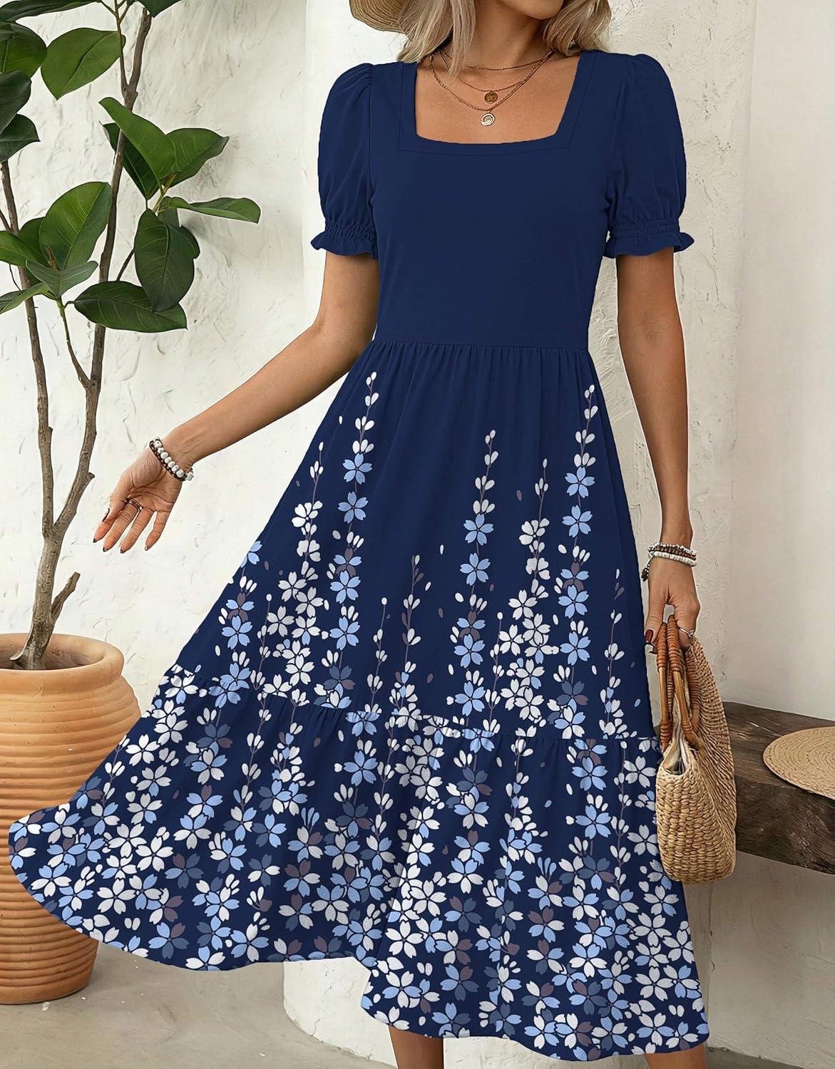 imageZeagoo Summer Dresses for Women Flowy Casual Midi Dress Short Sleeve Tiered Dress Beach Vacation Sundresses with PocketsNavy Blue Floral