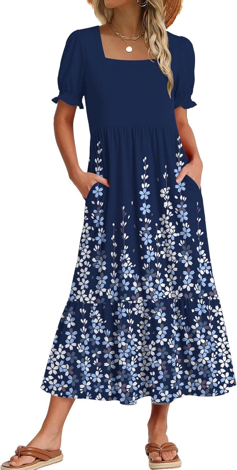 imageZeagoo Summer Dresses for Women Flowy Casual Midi Dress Short Sleeve Tiered Dress Beach Vacation Sundresses with PocketsNavy Blue Floral