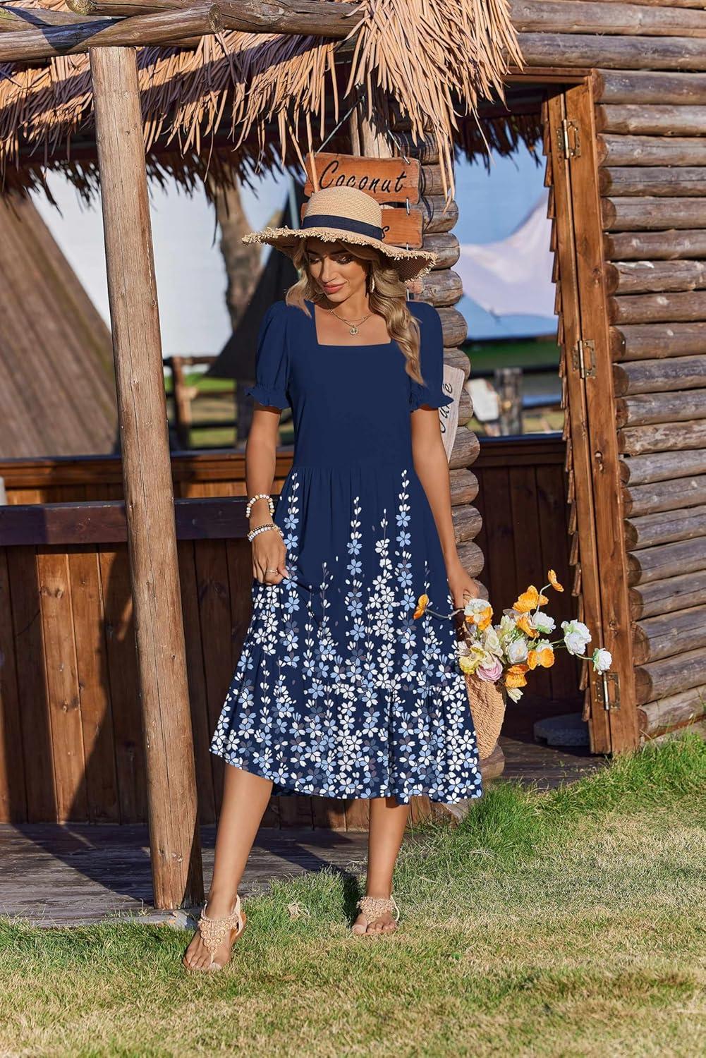 imageZeagoo Summer Dresses for Women Flowy Casual Midi Dress Short Sleeve Tiered Dress Beach Vacation Sundresses with PocketsNavy Blue Floral