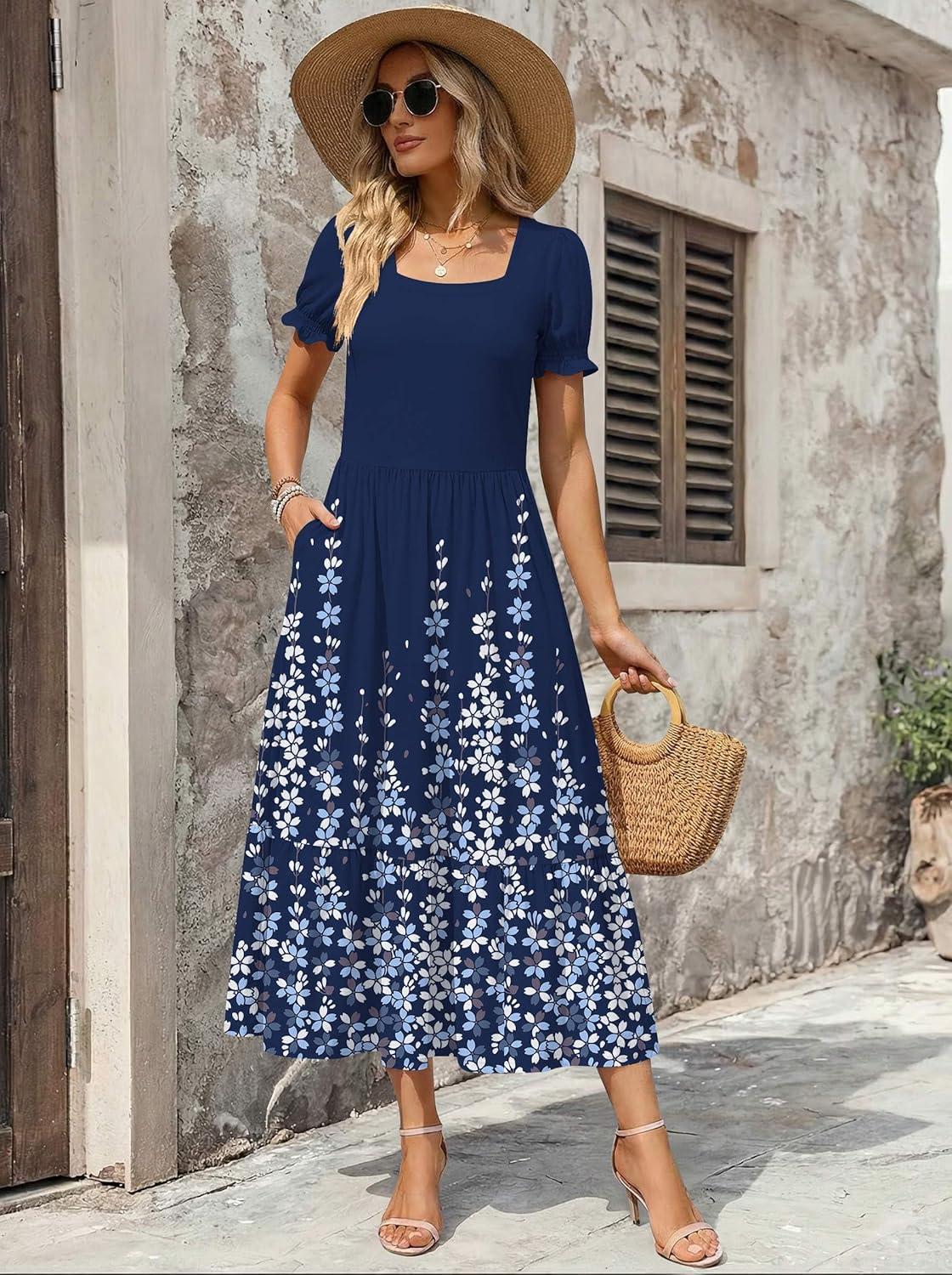 imageZeagoo Summer Dresses for Women Flowy Casual Midi Dress Short Sleeve Tiered Dress Beach Vacation Sundresses with PocketsNavy Blue Floral