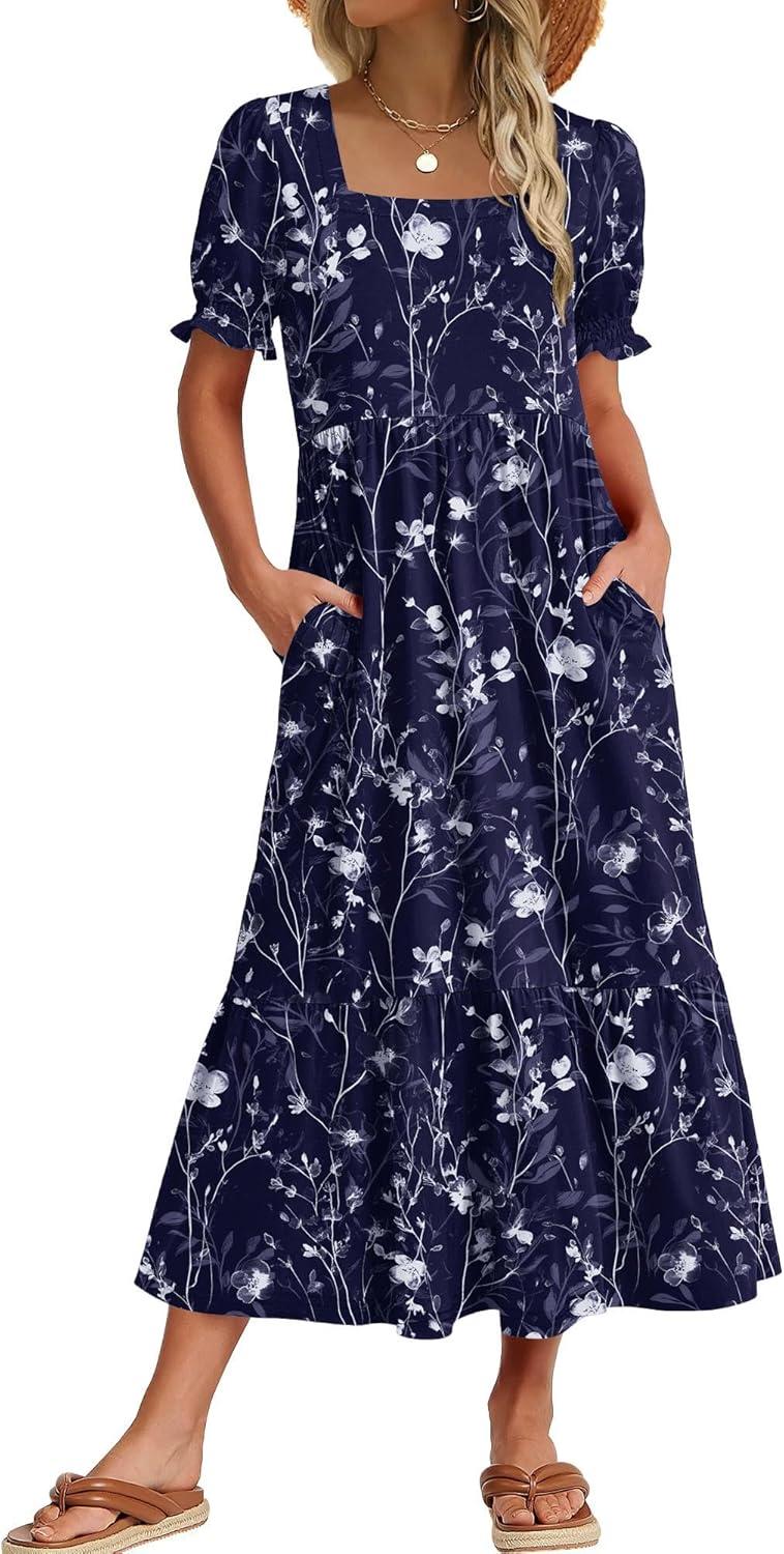 imageZeagoo Summer Dresses for Women Flowy Casual Midi Dress Short Sleeve Tiered Dress Beach Vacation Sundresses with PocketsNavy Blueprinted