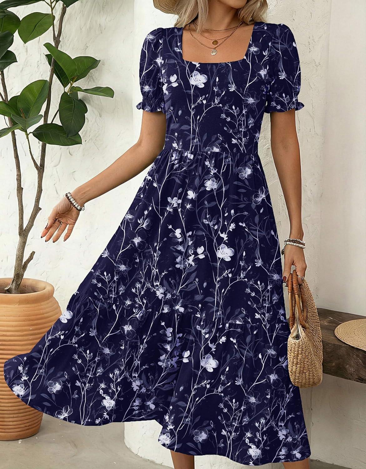 imageZeagoo Summer Dresses for Women Flowy Casual Midi Dress Short Sleeve Tiered Dress Beach Vacation Sundresses with PocketsNavy Blueprinted