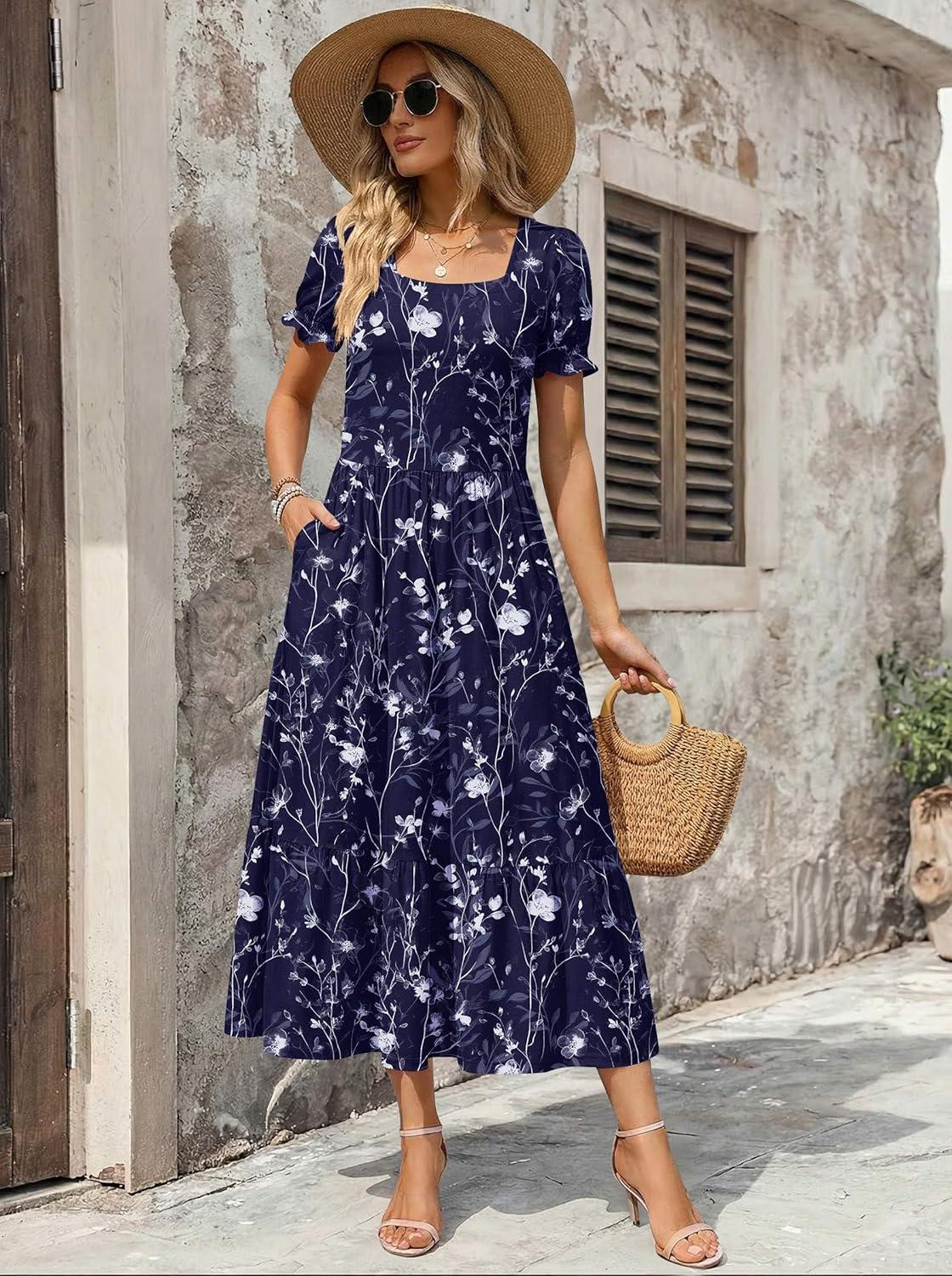 imageZeagoo Summer Dresses for Women Flowy Casual Midi Dress Short Sleeve Tiered Dress Beach Vacation Sundresses with PocketsNavy Blueprinted