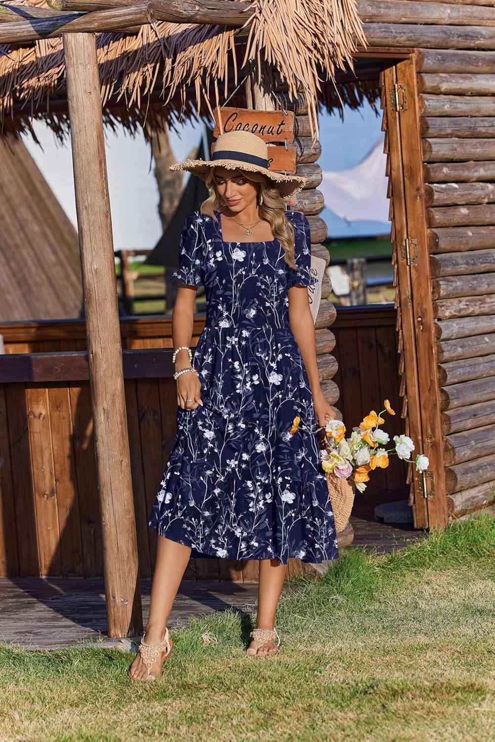imageZeagoo Summer Dresses for Women Flowy Casual Midi Dress Short Sleeve Tiered Dress Beach Vacation Sundresses with PocketsNavy Blueprinted