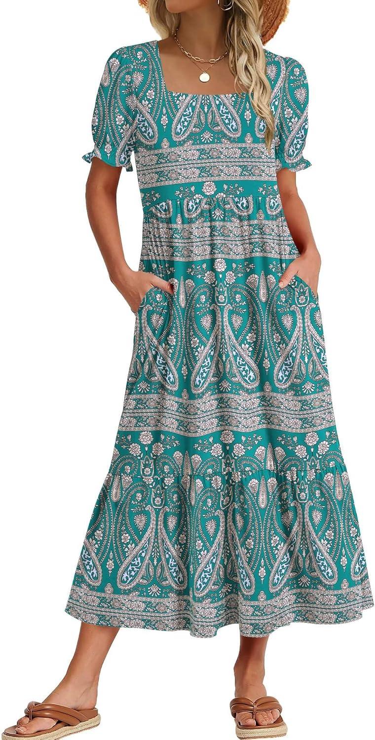 imageZeagoo Summer Dresses for Women Flowy Casual Midi Dress Short Sleeve Tiered Dress Beach Vacation Sundresses with PocketsPa169
