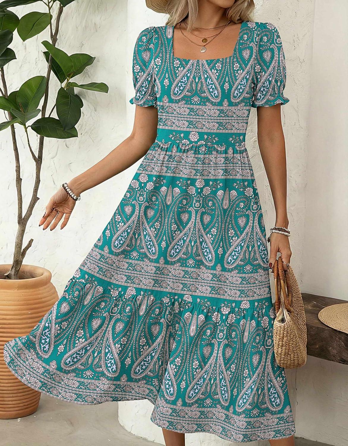 imageZeagoo Summer Dresses for Women Flowy Casual Midi Dress Short Sleeve Tiered Dress Beach Vacation Sundresses with PocketsPa169