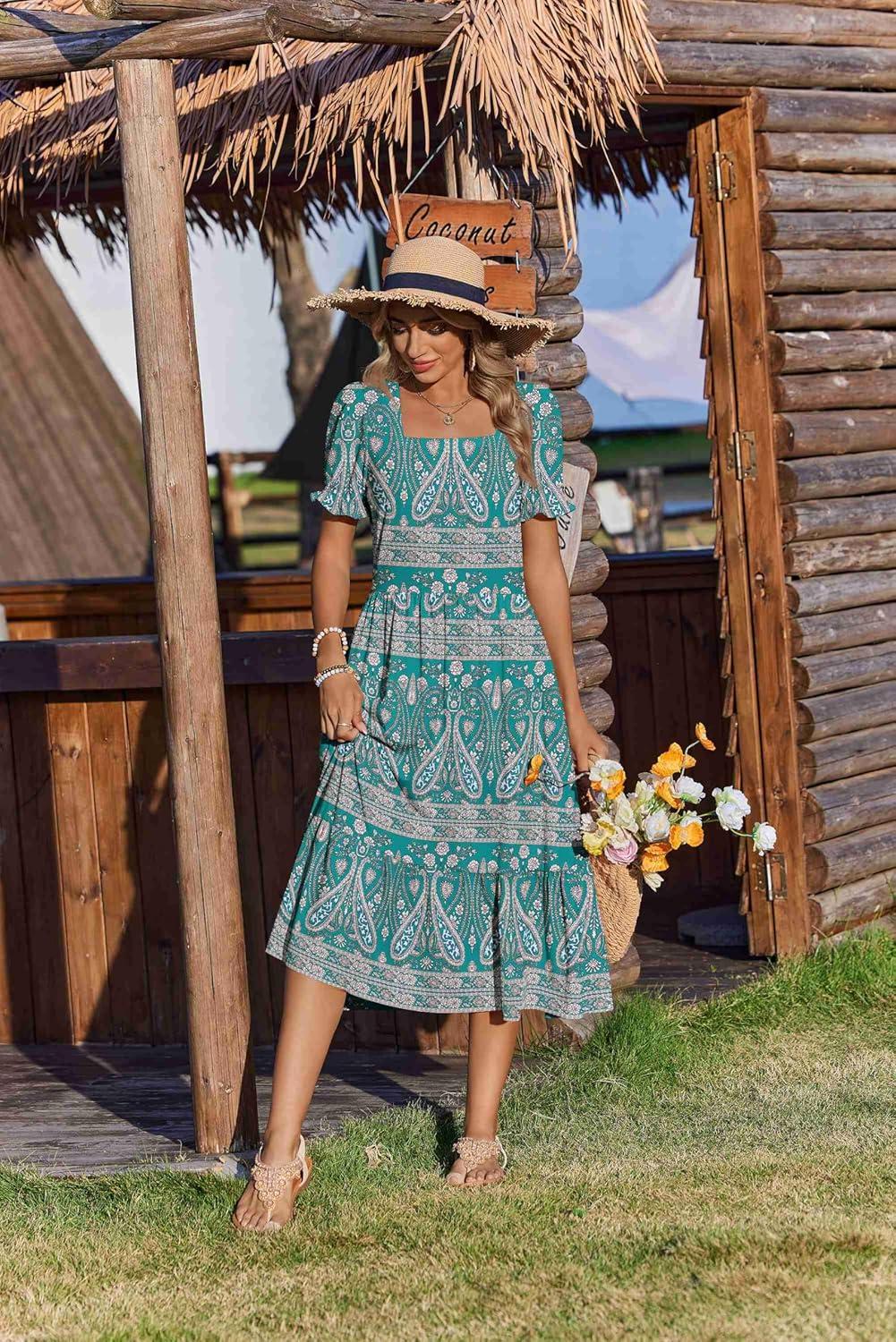 imageZeagoo Summer Dresses for Women Flowy Casual Midi Dress Short Sleeve Tiered Dress Beach Vacation Sundresses with PocketsPa169
