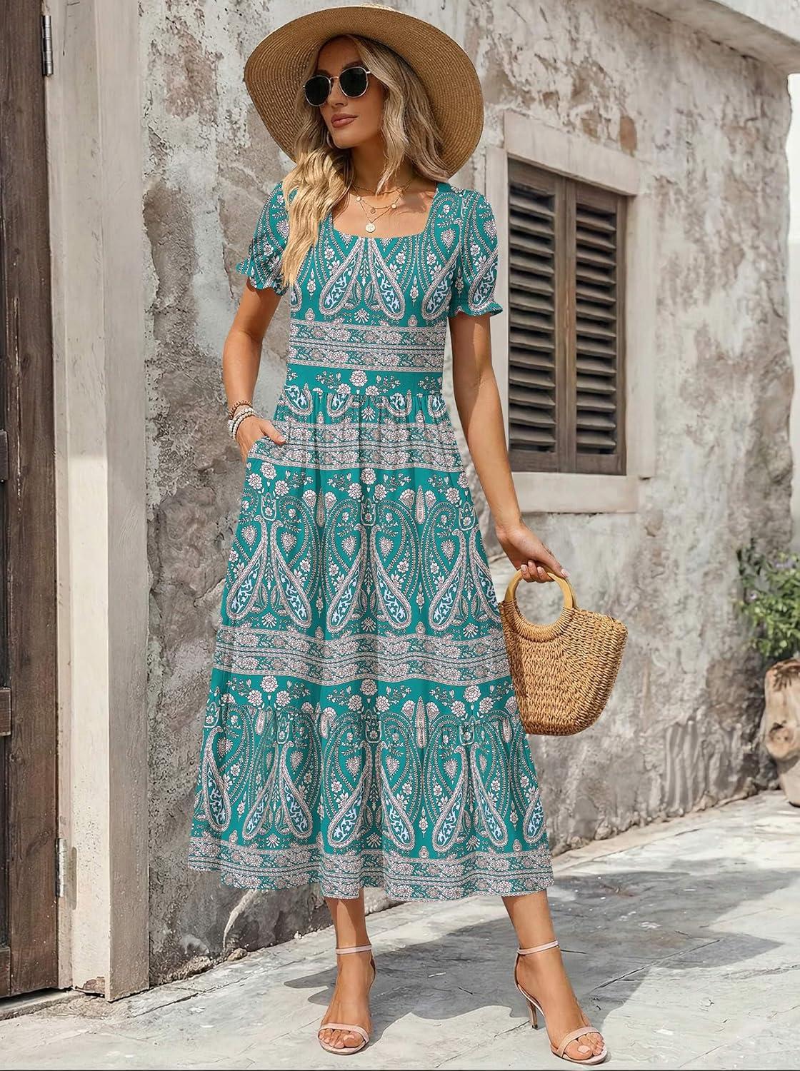 imageZeagoo Summer Dresses for Women Flowy Casual Midi Dress Short Sleeve Tiered Dress Beach Vacation Sundresses with PocketsPa169