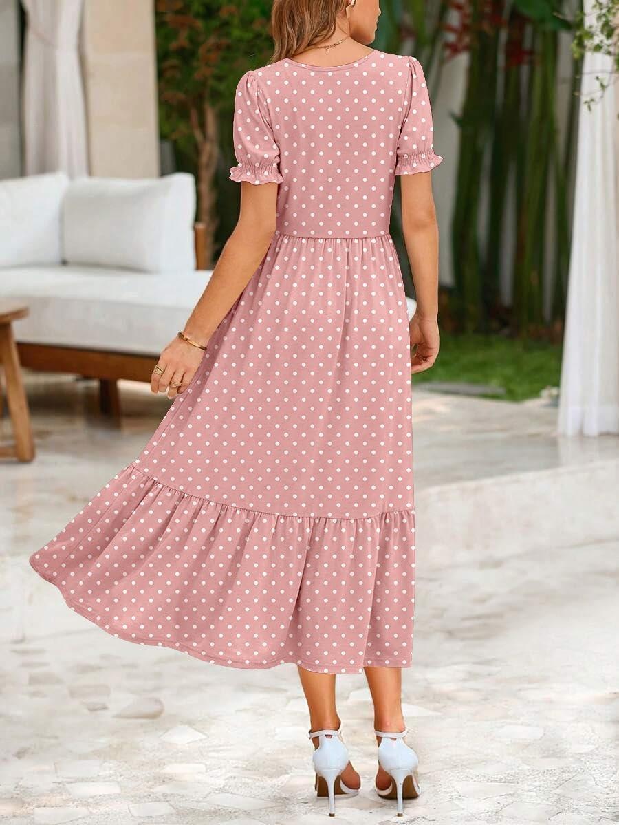 imageZeagoo Summer Dresses for Women Flowy Casual Midi Dress Short Sleeve Tiered Dress Beach Vacation Sundresses with PocketsPink Dot