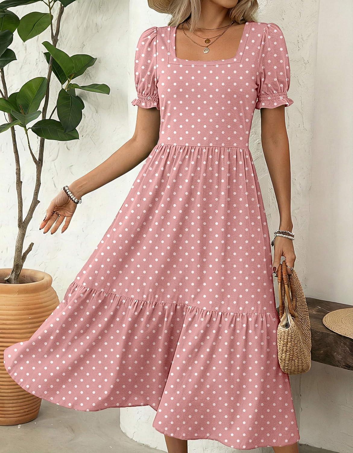 imageZeagoo Summer Dresses for Women Flowy Casual Midi Dress Short Sleeve Tiered Dress Beach Vacation Sundresses with PocketsPink Dot