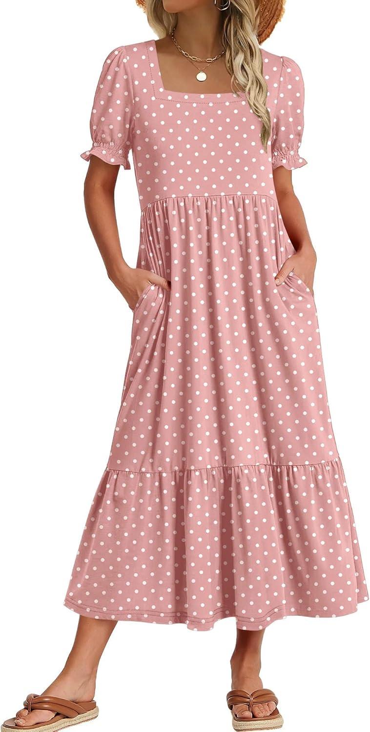 imageZeagoo Summer Dresses for Women Flowy Casual Midi Dress Short Sleeve Tiered Dress Beach Vacation Sundresses with PocketsPink Dot