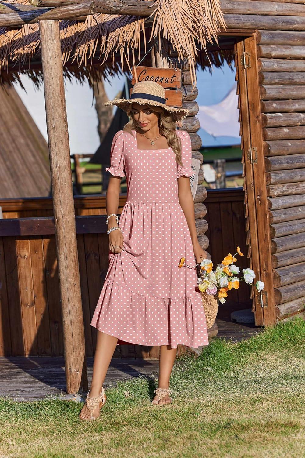 imageZeagoo Summer Dresses for Women Flowy Casual Midi Dress Short Sleeve Tiered Dress Beach Vacation Sundresses with PocketsPink Dot