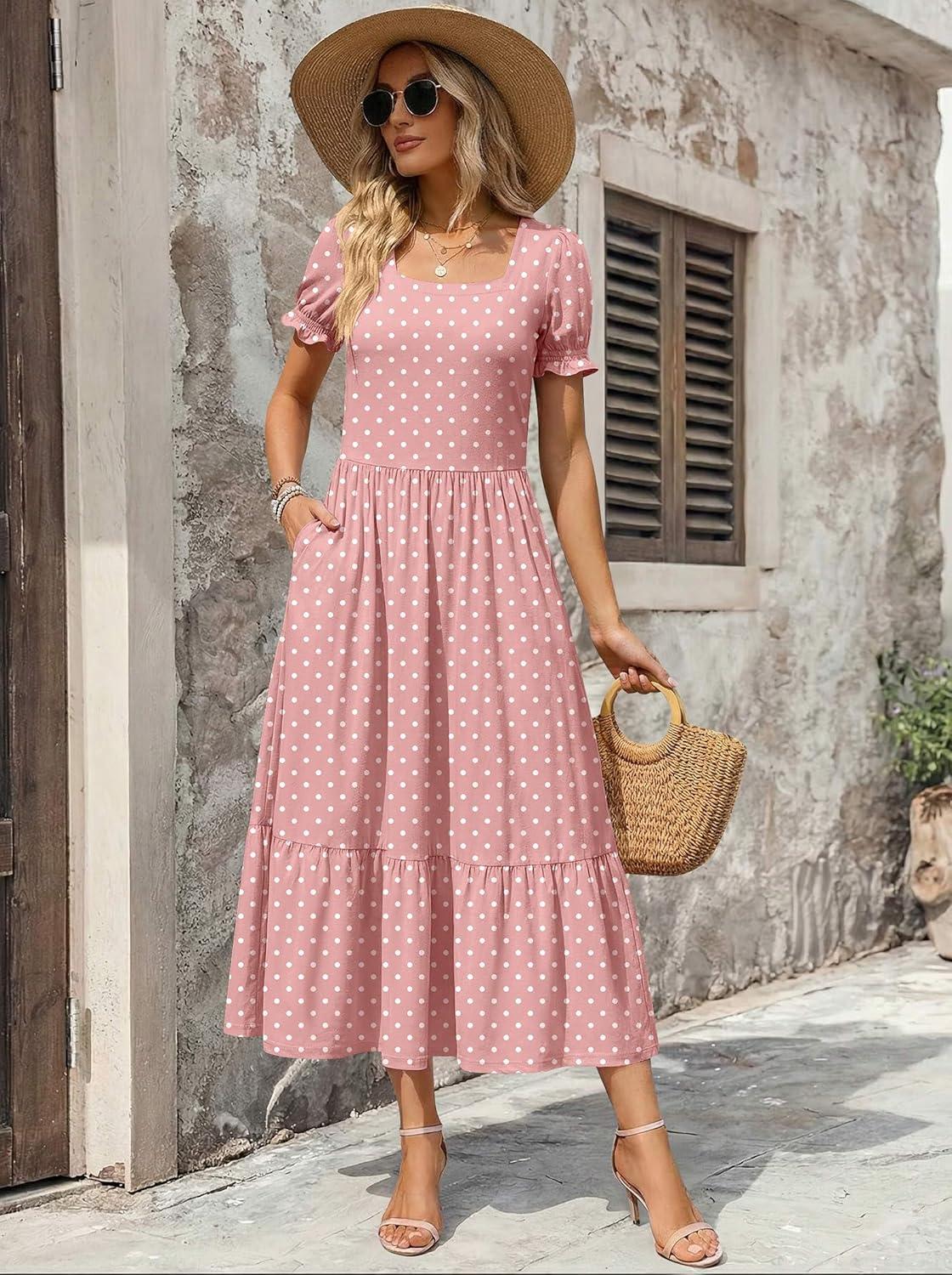 imageZeagoo Summer Dresses for Women Flowy Casual Midi Dress Short Sleeve Tiered Dress Beach Vacation Sundresses with PocketsPink Dot