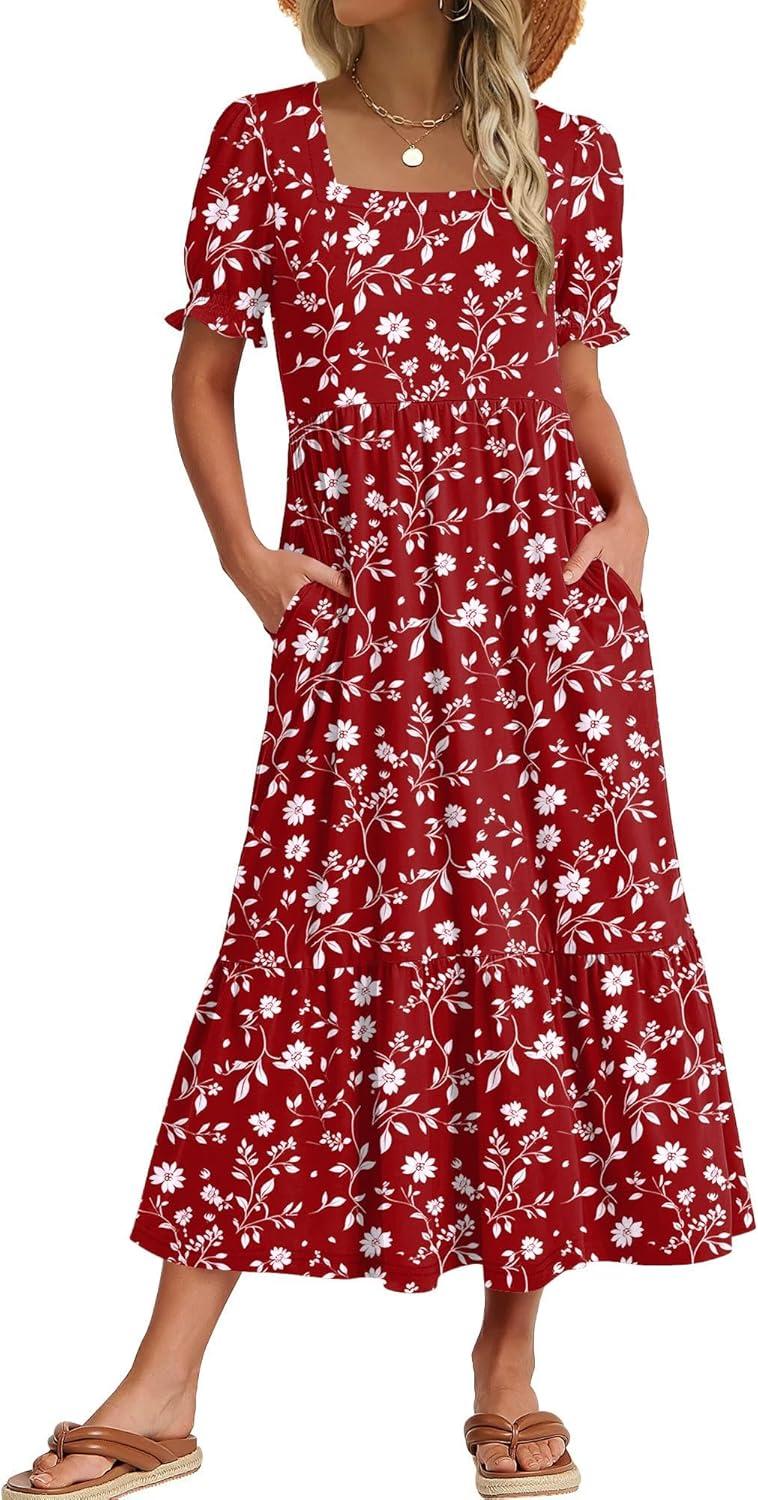 imageZeagoo Summer Dresses for Women Flowy Casual Midi Dress Short Sleeve Tiered Dress Beach Vacation Sundresses with PocketsRedfloral