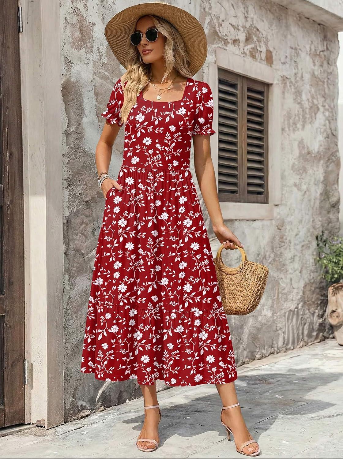 imageZeagoo Summer Dresses for Women Flowy Casual Midi Dress Short Sleeve Tiered Dress Beach Vacation Sundresses with PocketsRedfloral