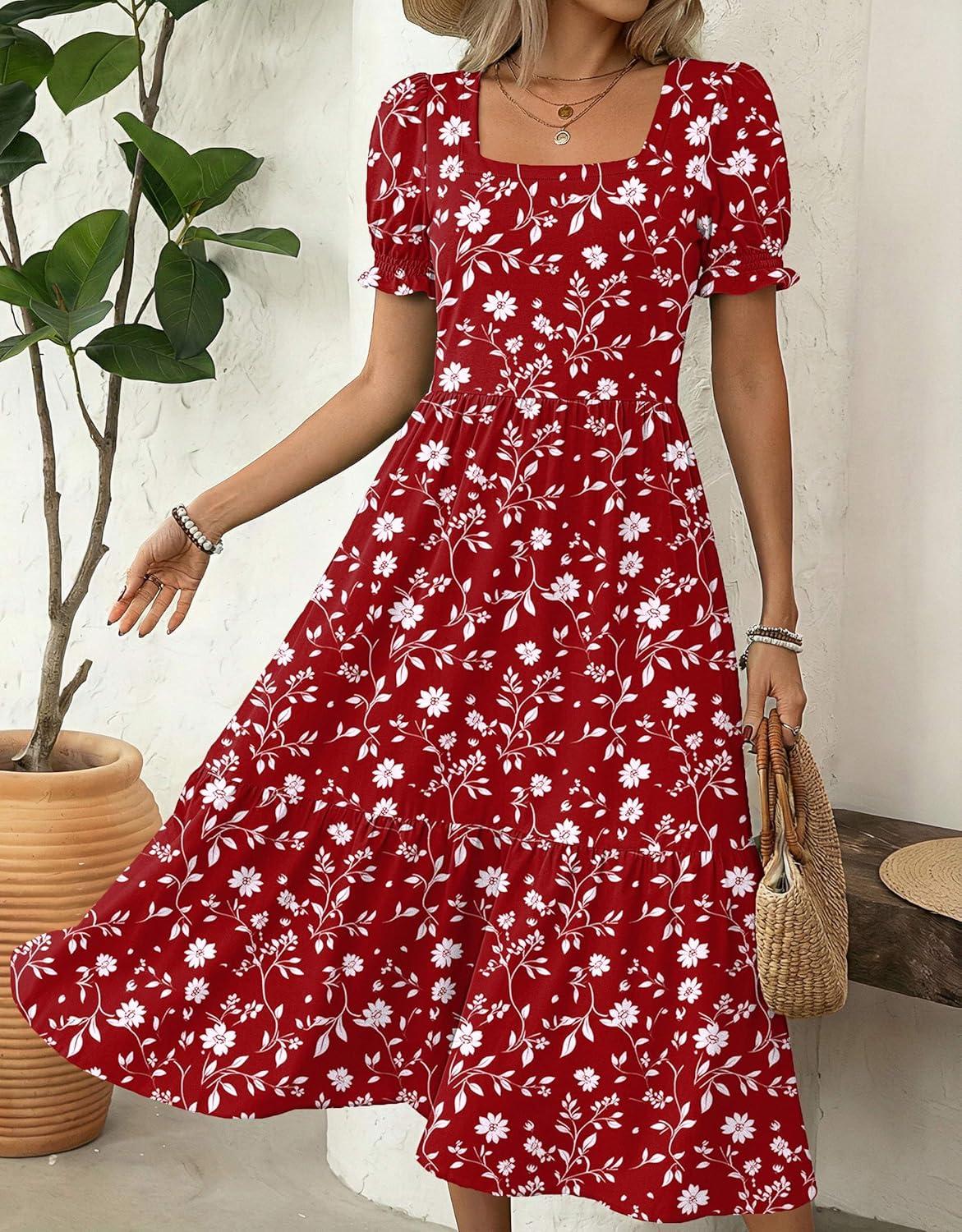 imageZeagoo Summer Dresses for Women Flowy Casual Midi Dress Short Sleeve Tiered Dress Beach Vacation Sundresses with PocketsRedfloral