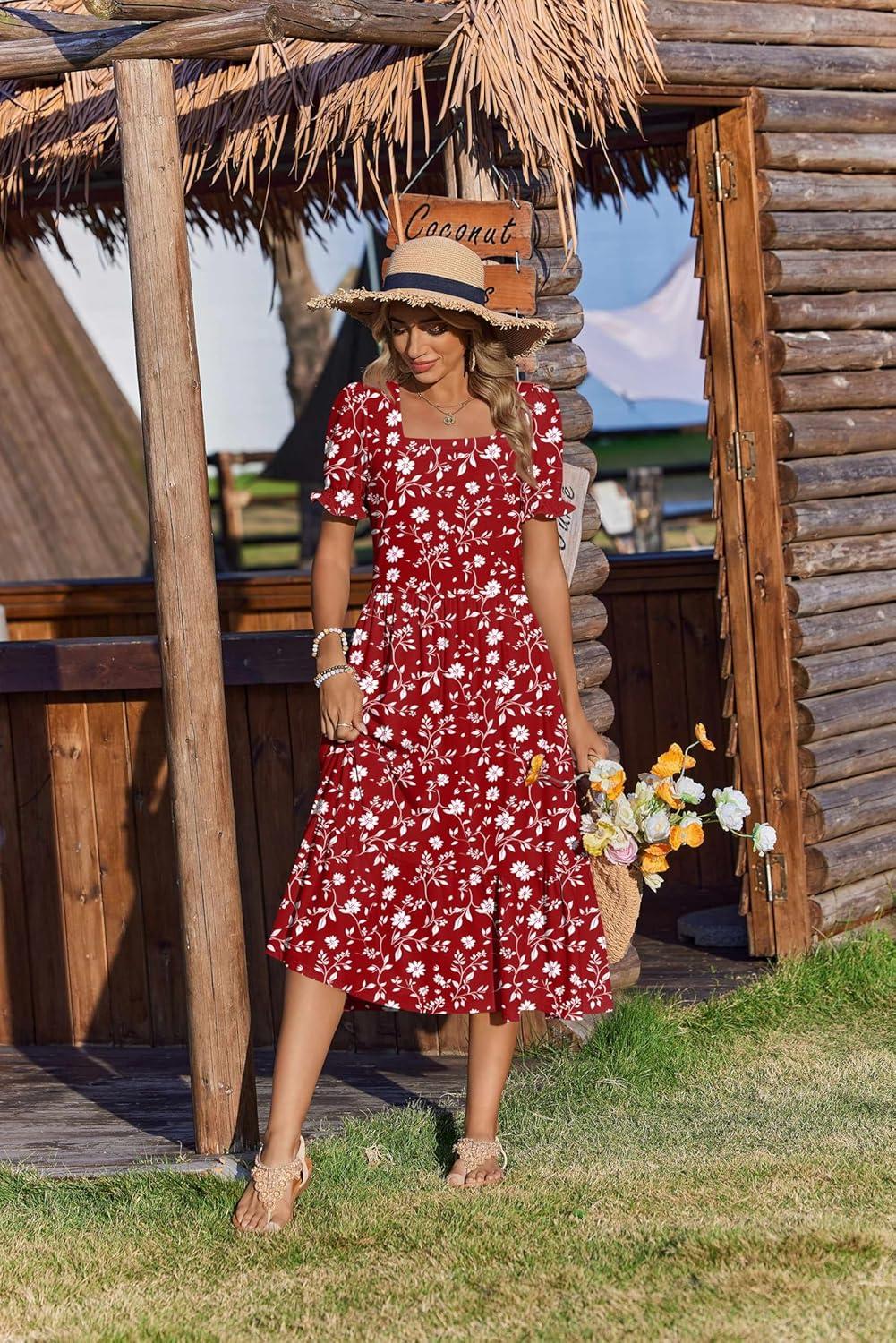 imageZeagoo Summer Dresses for Women Flowy Casual Midi Dress Short Sleeve Tiered Dress Beach Vacation Sundresses with PocketsRedfloral