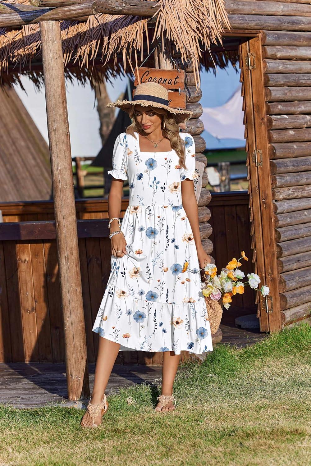 imageZeagoo Summer Dresses for Women Flowy Casual Midi Dress Short Sleeve Tiered Dress Beach Vacation Sundresses with PocketsWhite Floral