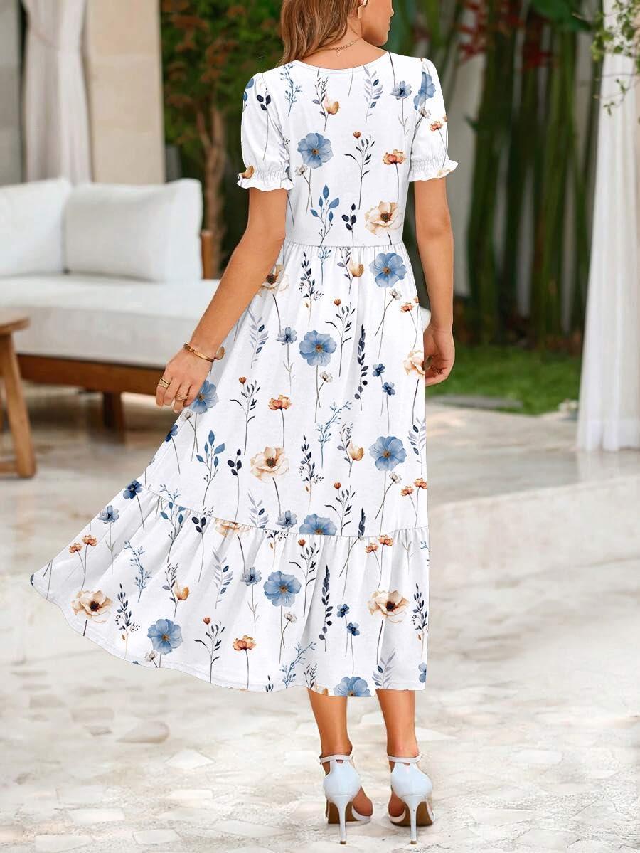 imageZeagoo Summer Dresses for Women Flowy Casual Midi Dress Short Sleeve Tiered Dress Beach Vacation Sundresses with PocketsWhite Floral