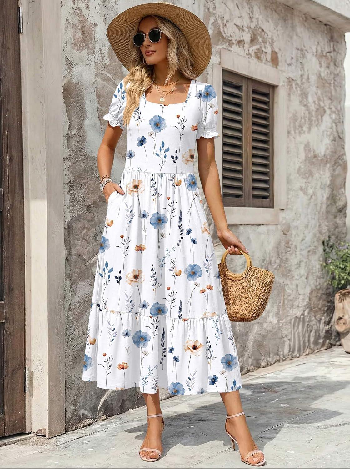 imageZeagoo Summer Dresses for Women Flowy Casual Midi Dress Short Sleeve Tiered Dress Beach Vacation Sundresses with PocketsWhite Floral