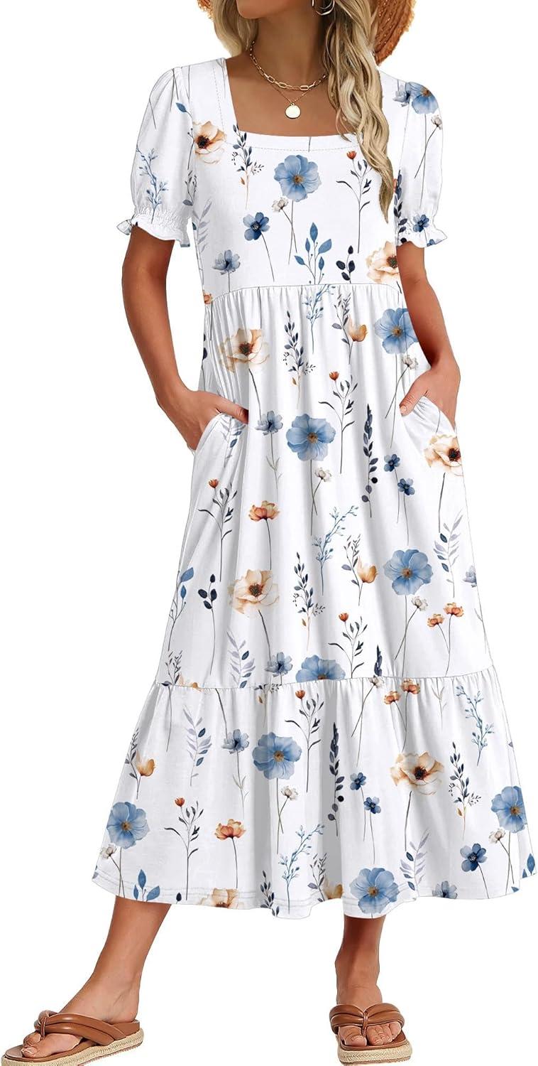 imageZeagoo Summer Dresses for Women Flowy Casual Midi Dress Short Sleeve Tiered Dress Beach Vacation Sundresses with PocketsWhite Floral