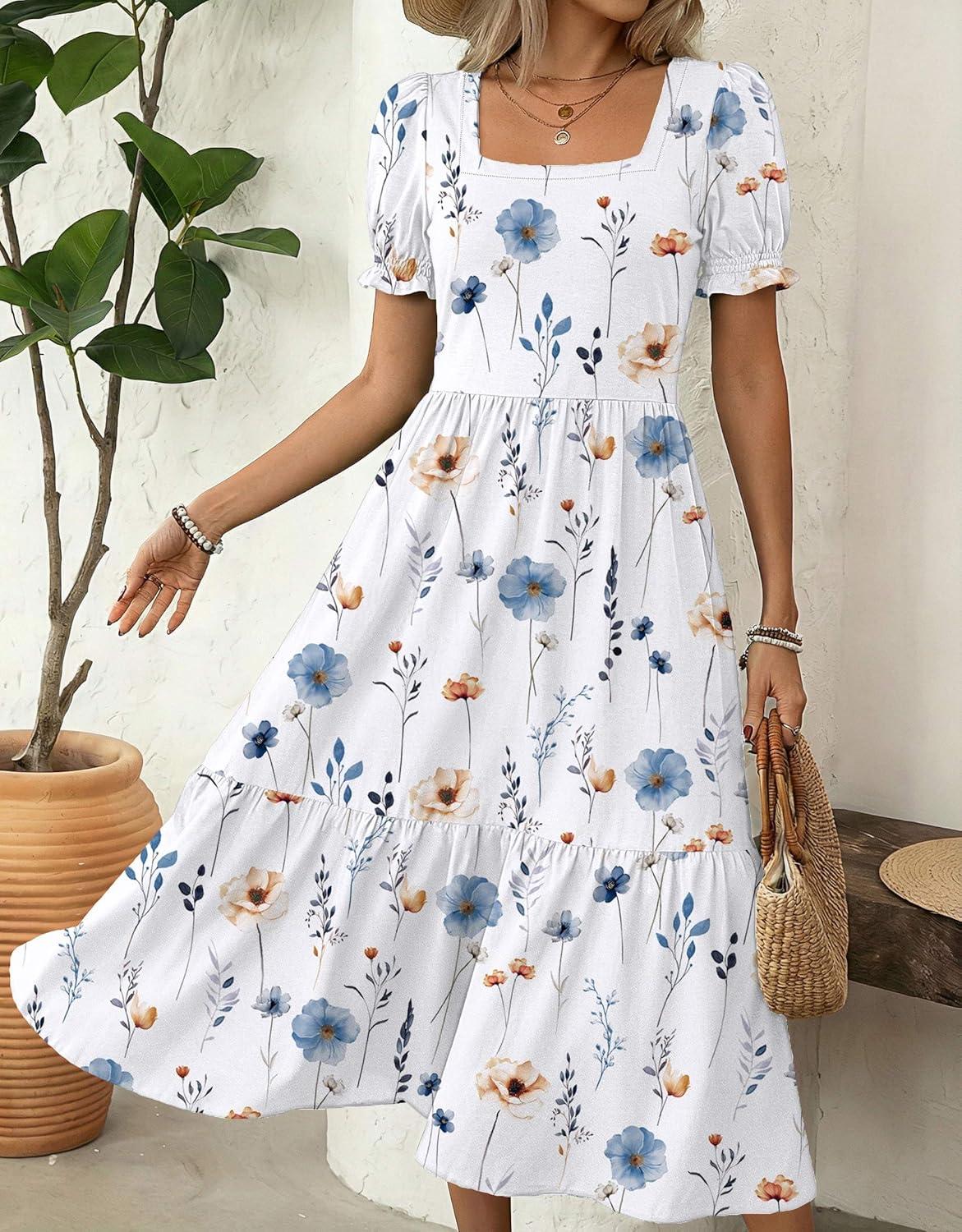 imageZeagoo Summer Dresses for Women Flowy Casual Midi Dress Short Sleeve Tiered Dress Beach Vacation Sundresses with PocketsWhite Floral