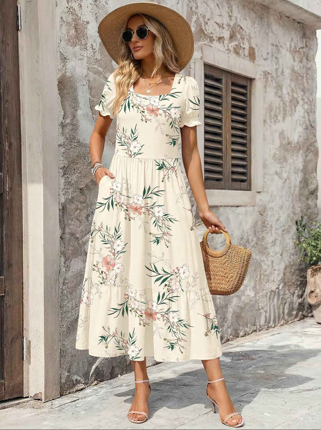 imageZeagoo Summer Dresses for Women Flowy Casual Midi Dress Short Sleeve Tiered Dress Beach Vacation Sundresses with PocketsWhiteleaf