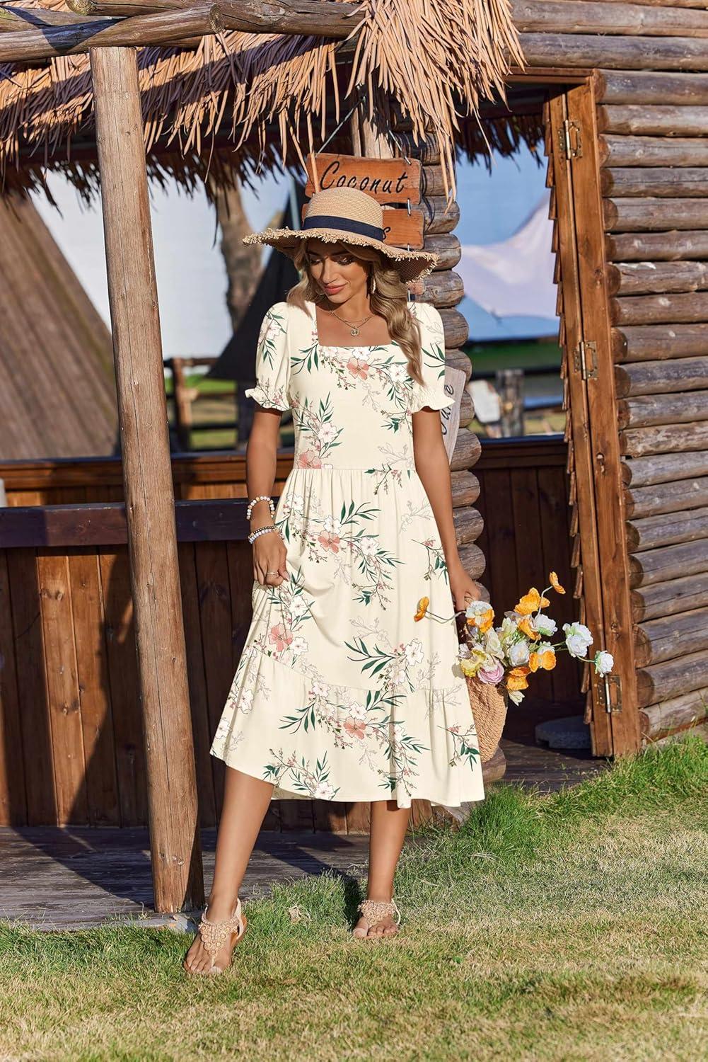 imageZeagoo Summer Dresses for Women Flowy Casual Midi Dress Short Sleeve Tiered Dress Beach Vacation Sundresses with PocketsWhiteleaf