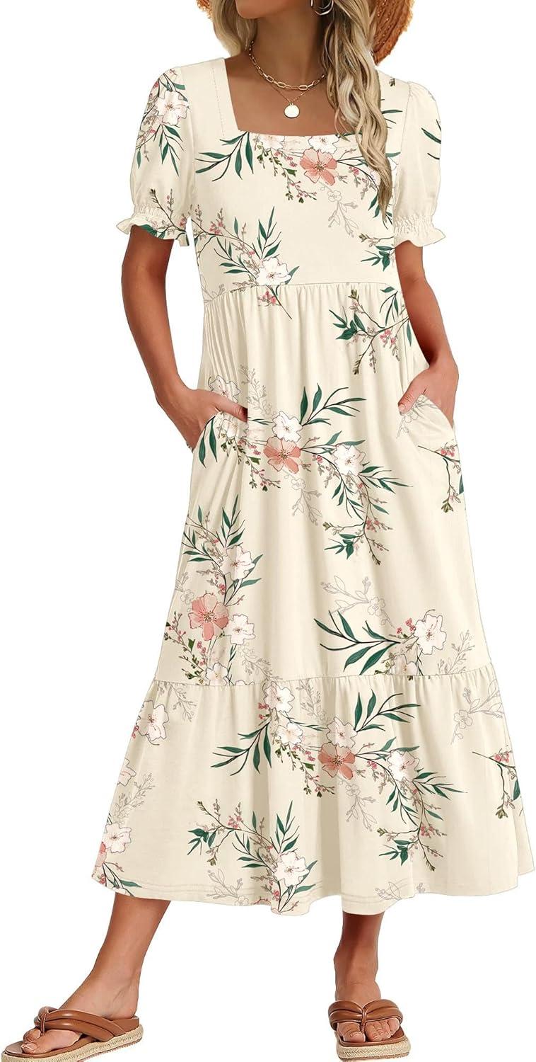 imageZeagoo Summer Dresses for Women Flowy Casual Midi Dress Short Sleeve Tiered Dress Beach Vacation Sundresses with PocketsWhiteleaf