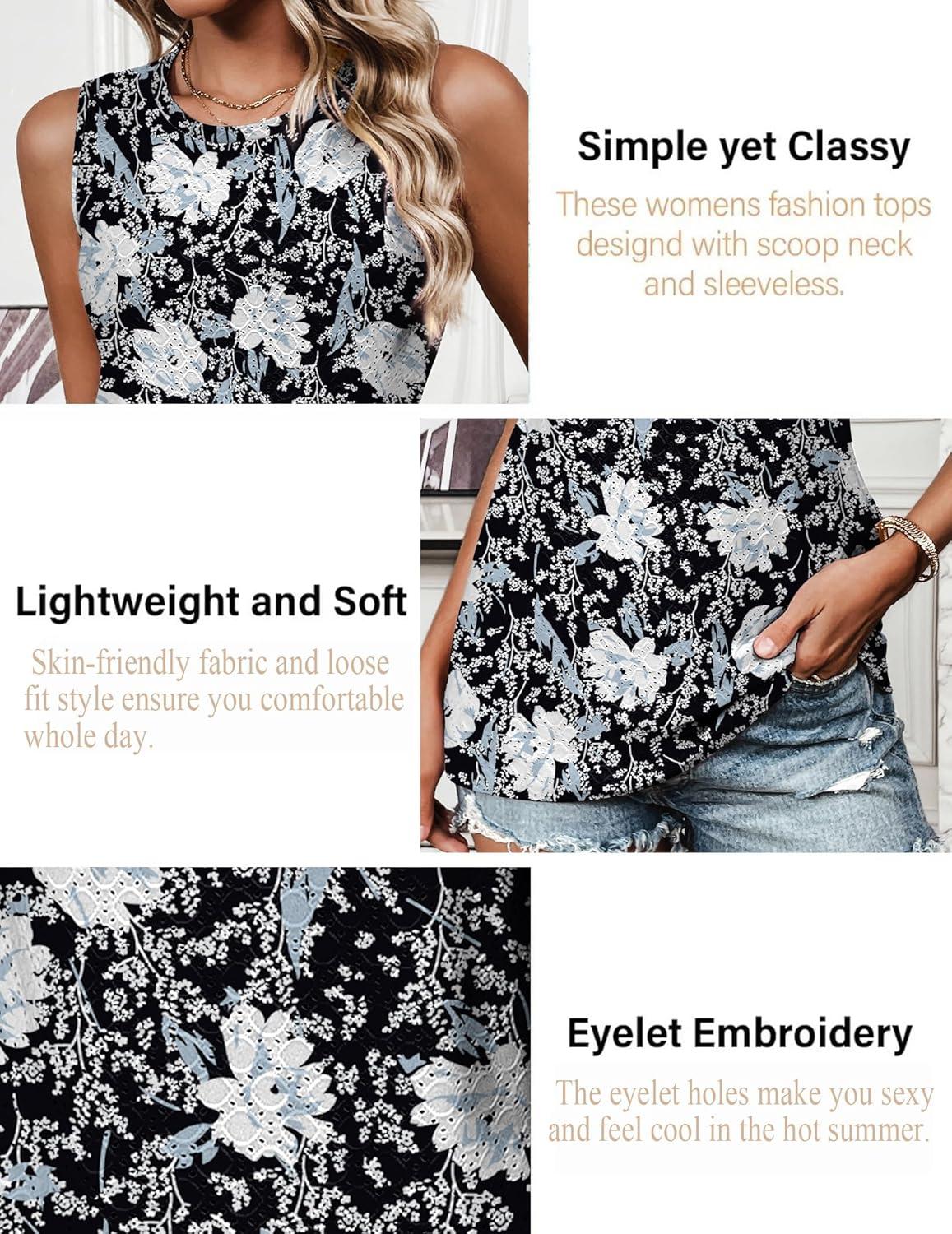 imageZeagoo Tank Tops for Women Sleeveless Eyelet Shirts High Neck Cute Summer Top Loose Fit SXXL01floral Black