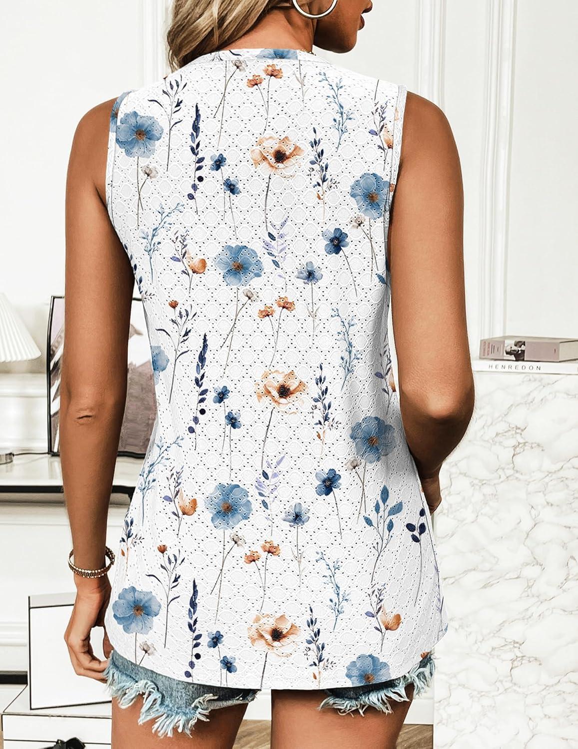 imageZeagoo Tank Tops for Women Sleeveless Eyelet Shirts High Neck Cute Summer Top Loose Fit SXXL19floral White Khaki