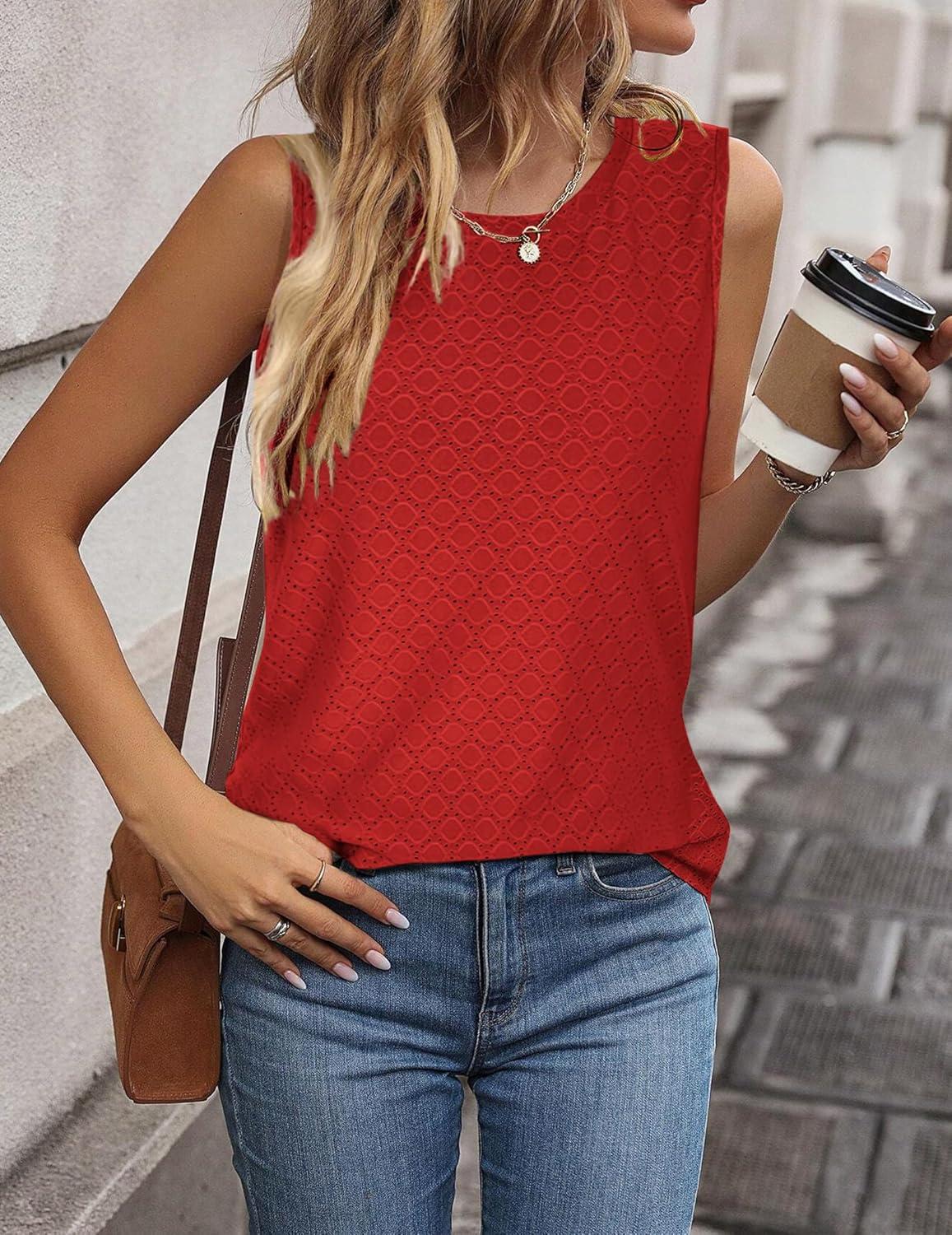 imageZeagoo Tank Tops for Women Sleeveless Eyelet Shirts High Neck Cute Summer Top Loose Fit SXXLRed
