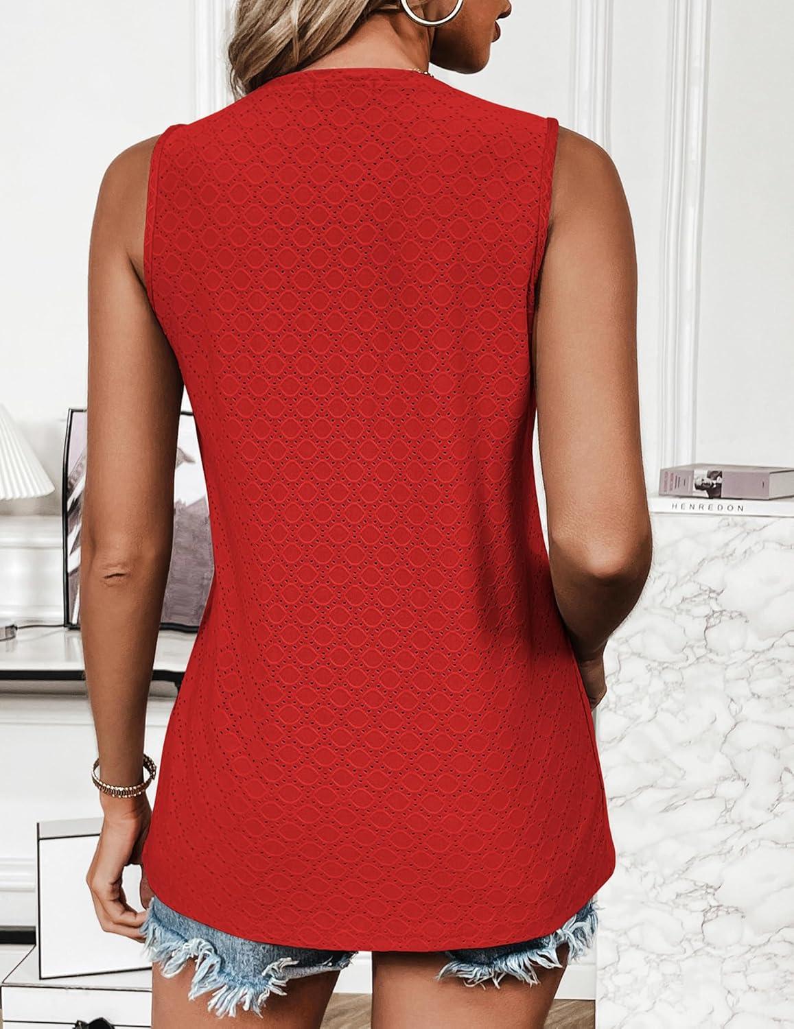 imageZeagoo Tank Tops for Women Sleeveless Eyelet Shirts High Neck Cute Summer Top Loose Fit SXXLRed
