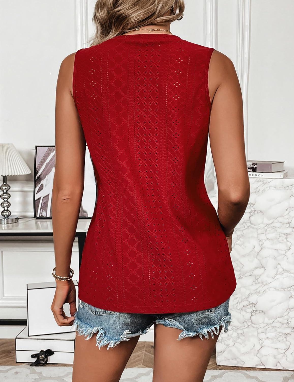 imageZeagoo Tank Tops for Women Sleeveless Eyelet Shirts High Neck Cute Summer Top Loose Fit SXXLZwine Red