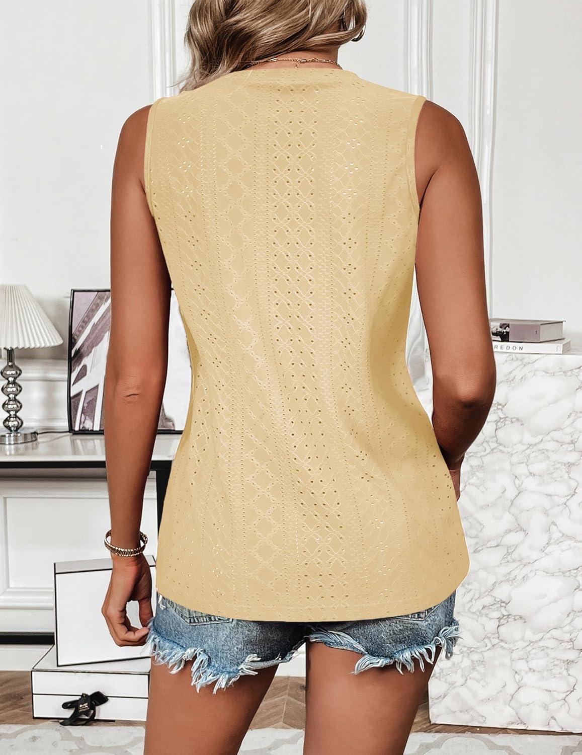 imageZeagoo Tank Tops for Women Sleeveless Eyelet Shirts High Neck Cute Summer Top Loose Fit SXXLZyellow