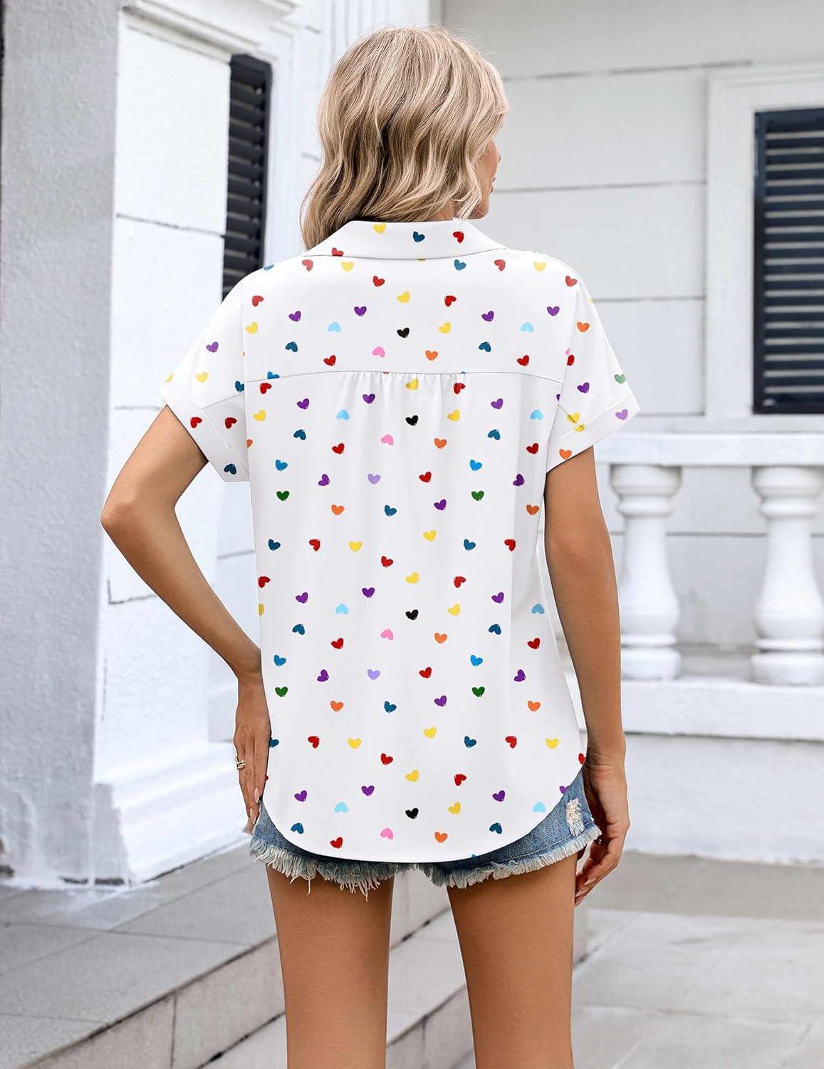 imageZeagoo White Button Down Shirt Women Heart Print Short Sleeve Blouse Dressy Casual Business Work Tops M