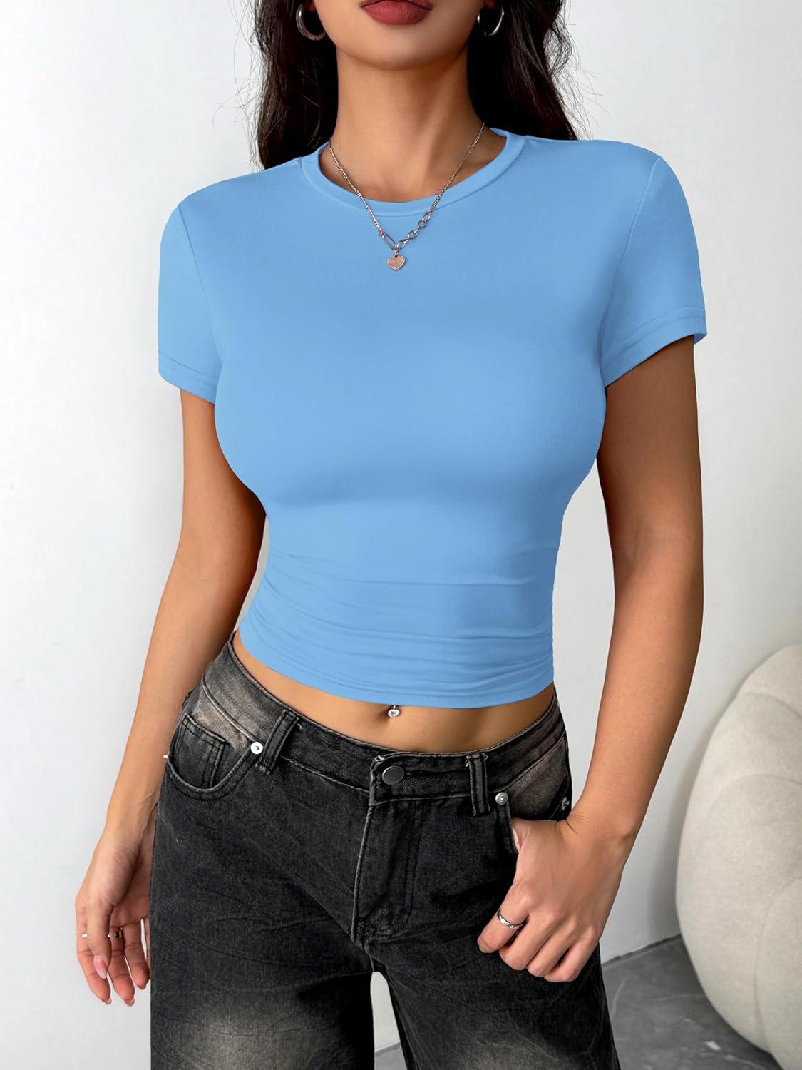 imageZeagoo Women Crewneck Slim Fitted Short Sleeve T Shirts Cute Stretchy Bodycon Basic Tee TopsBlue