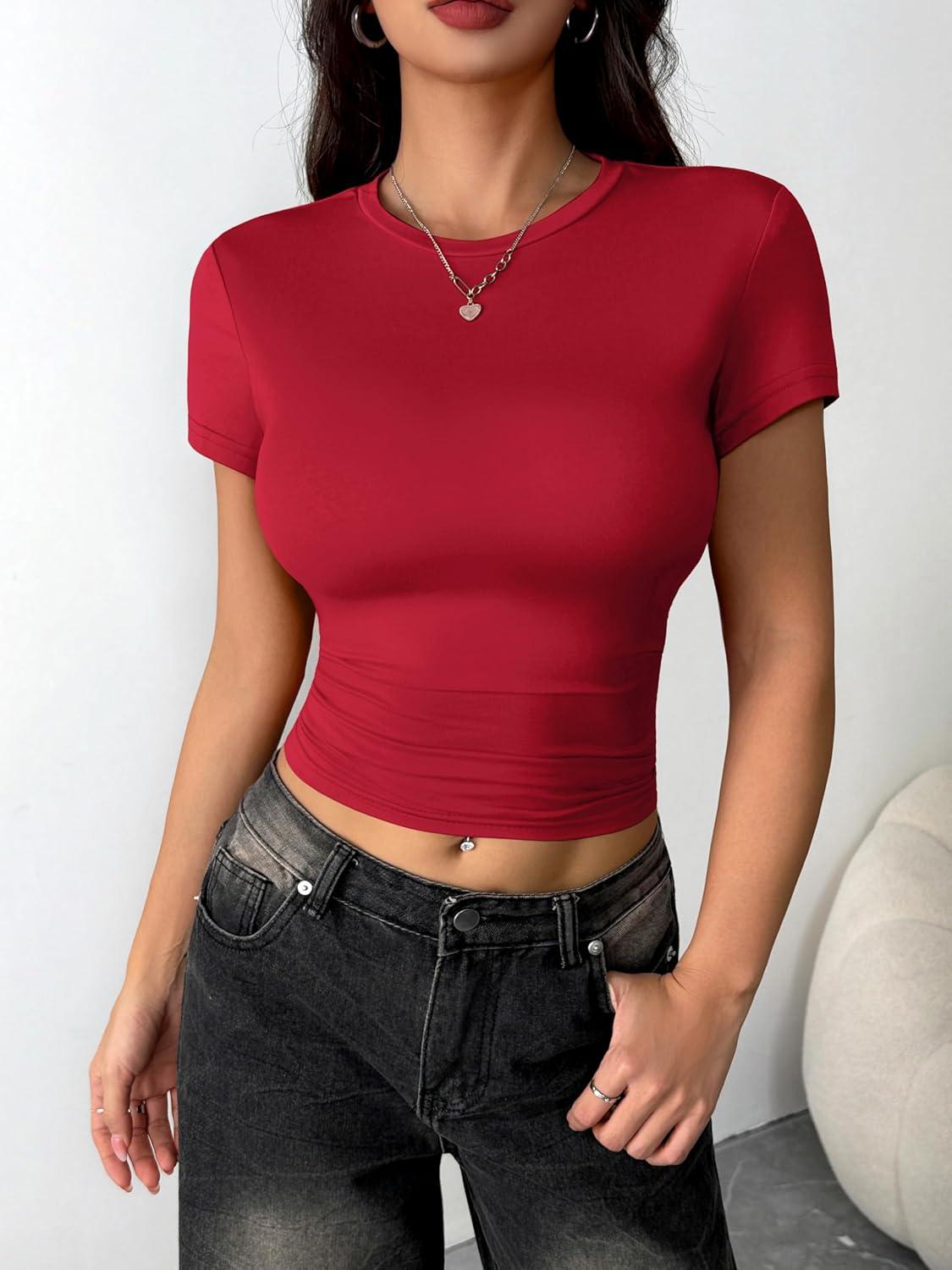 imageZeagoo Women Crewneck Slim Fitted Short Sleeve T Shirts Cute Stretchy Bodycon Basic Tee TopsRed