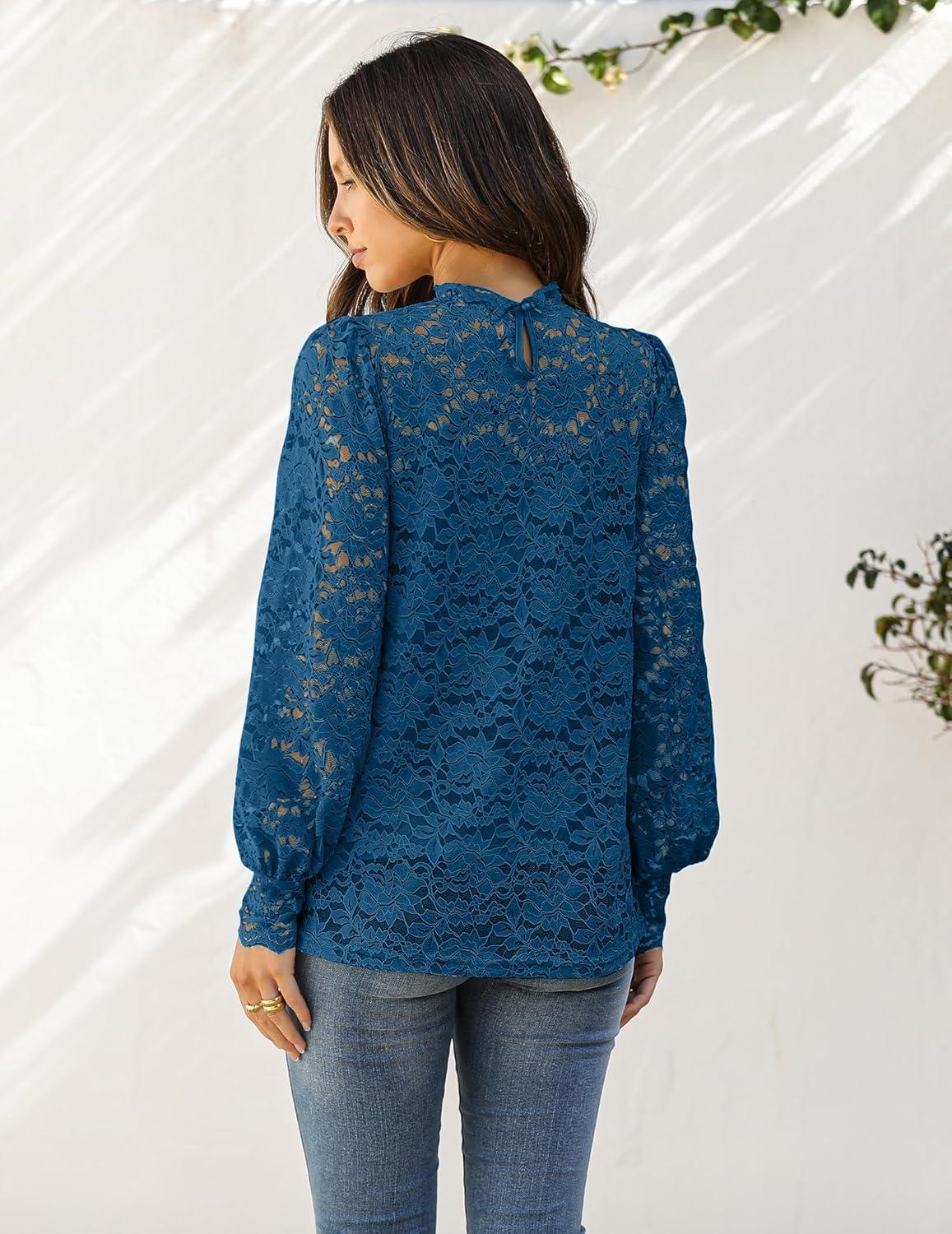 imageZeagoo Women Lace Tops Long Sleeves Mock Neck Casual Dressy Tops with Separable Camisole Sexy Blouses Shirts 2 PCS SetDusty Blue
