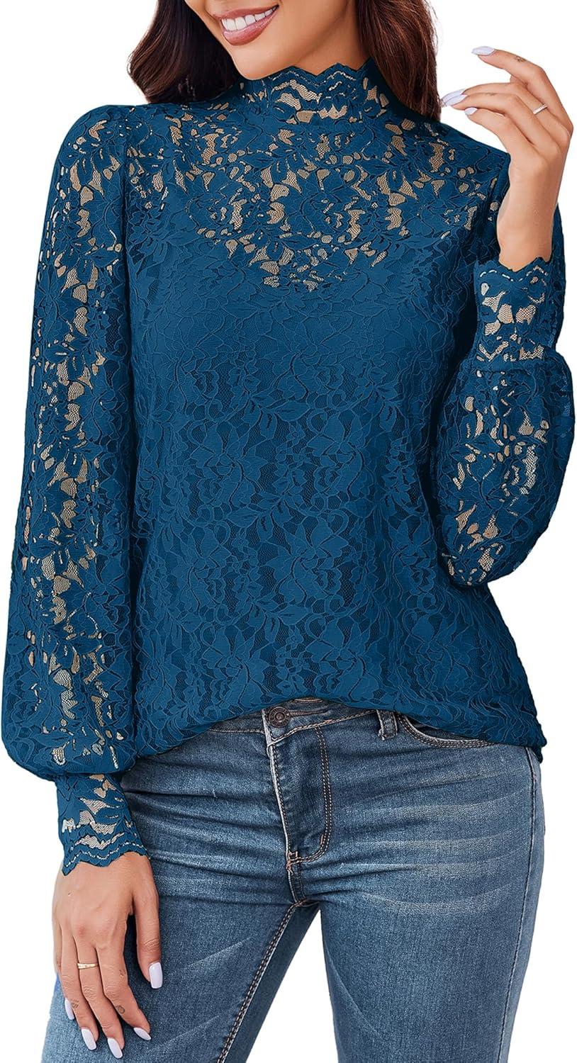 imageZeagoo Women Lace Tops Long Sleeves Mock Neck Casual Dressy Tops with Separable Camisole Sexy Blouses Shirts 2 PCS SetDusty Blue