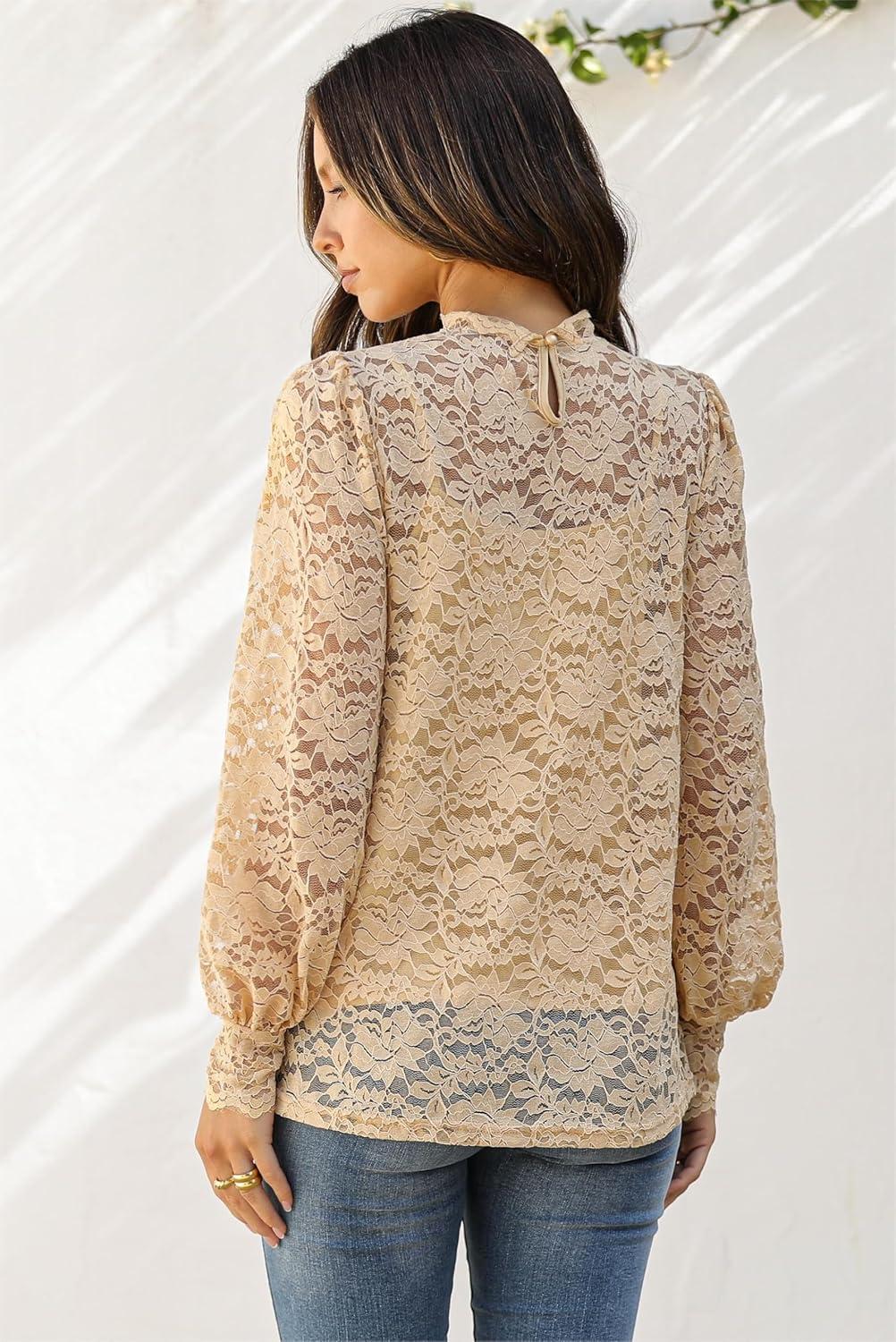 imageZeagoo Women Lace Tops Long Sleeves Mock Neck Casual Dressy Tops with Separable Camisole Sexy Blouses Shirts 2 PCS SetKhaki