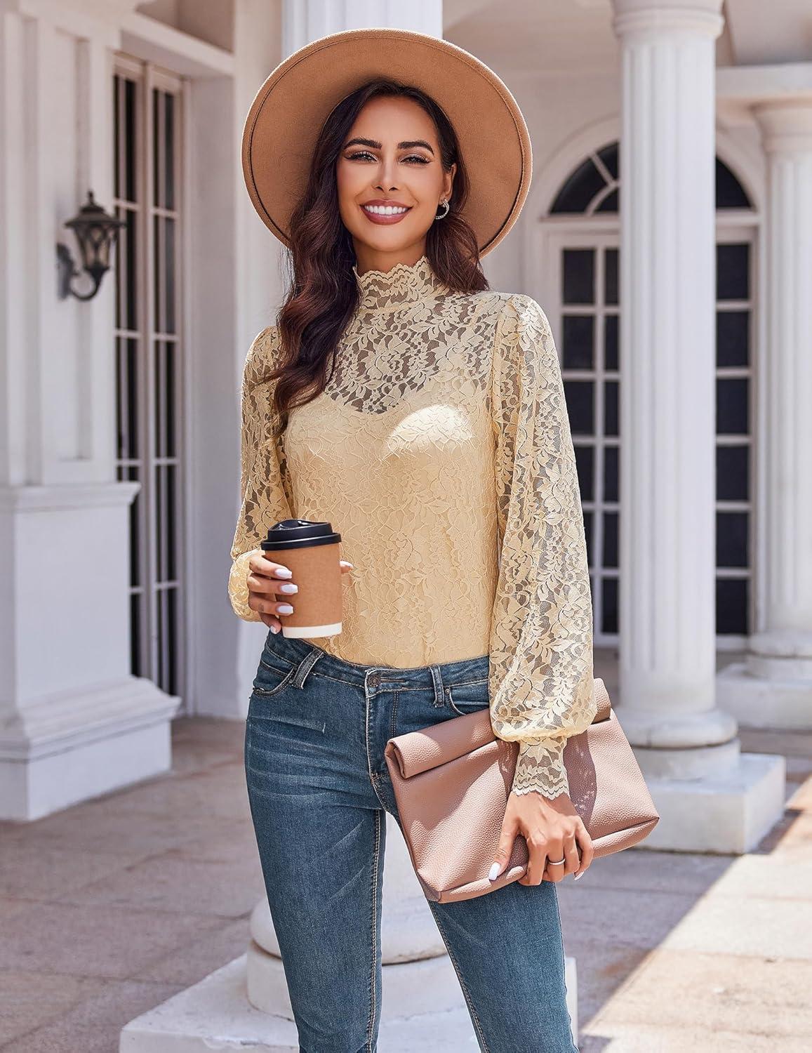 imageZeagoo Women Lace Tops Long Sleeves Mock Neck Casual Dressy Tops with Separable Camisole Sexy Blouses Shirts 2 PCS SetKhaki