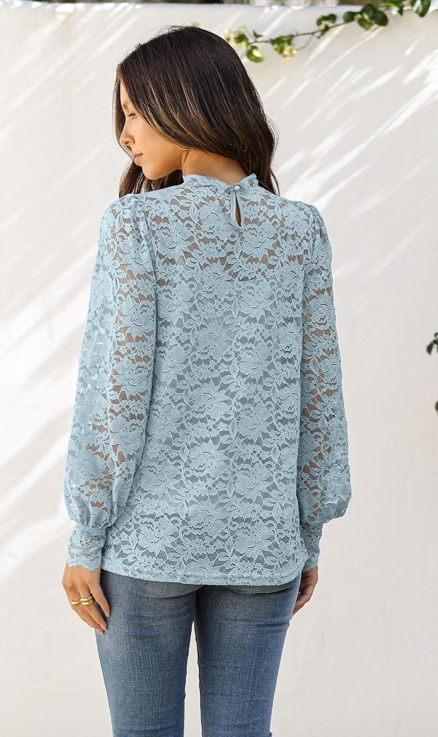 imageZeagoo Women Lace Tops Long Sleeves Mock Neck Casual Dressy Tops with Separable Camisole Sexy Blouses Shirts 2 PCS SetLight Blue