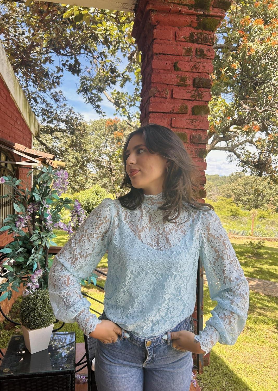 imageZeagoo Women Lace Tops Long Sleeves Mock Neck Casual Dressy Tops with Separable Camisole Sexy Blouses Shirts 2 PCS SetLight Blue