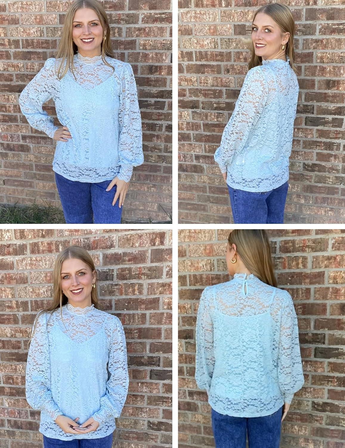 imageZeagoo Women Lace Tops Long Sleeves Mock Neck Casual Dressy Tops with Separable Camisole Sexy Blouses Shirts 2 PCS SetLight Blue