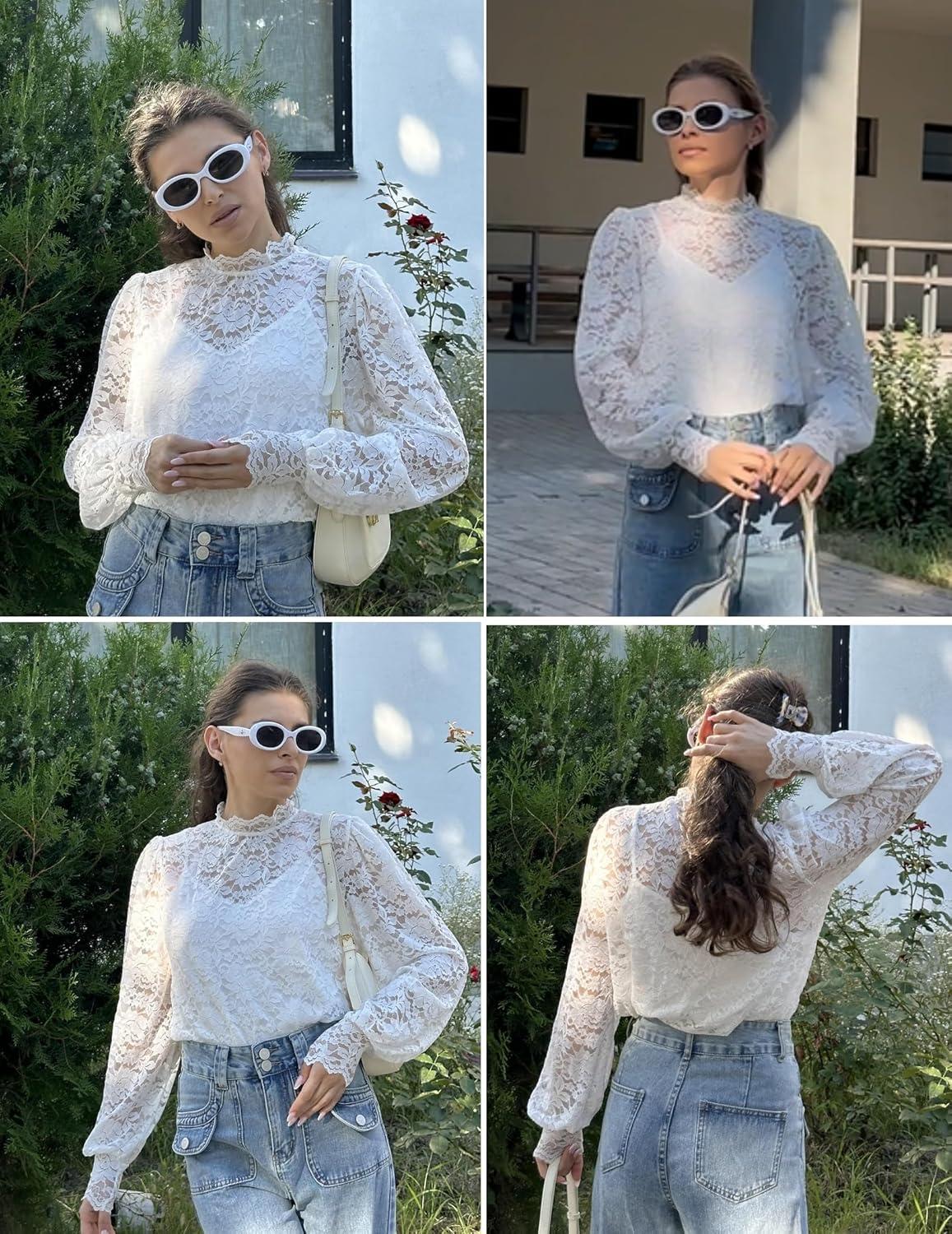 imageZeagoo Women Lace Tops Long Sleeves Mock Neck Casual Dressy Tops with Separable Camisole Sexy Blouses Shirts 2 PCS SetWhite