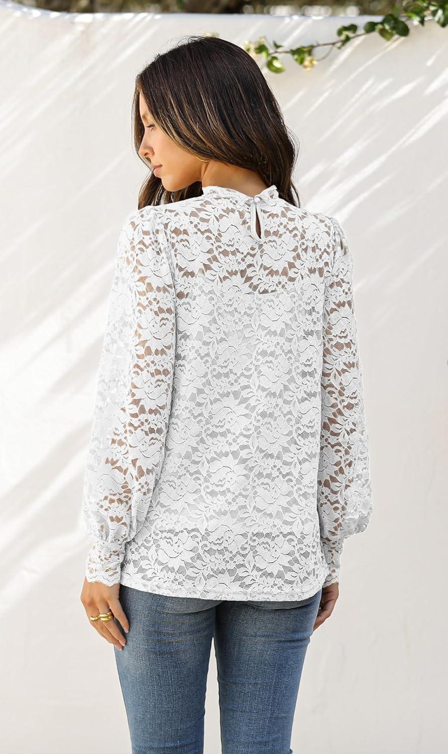 imageZeagoo Women Lace Tops Long Sleeves Mock Neck Casual Dressy Tops with Separable Camisole Sexy Blouses Shirts 2 PCS SetWhite