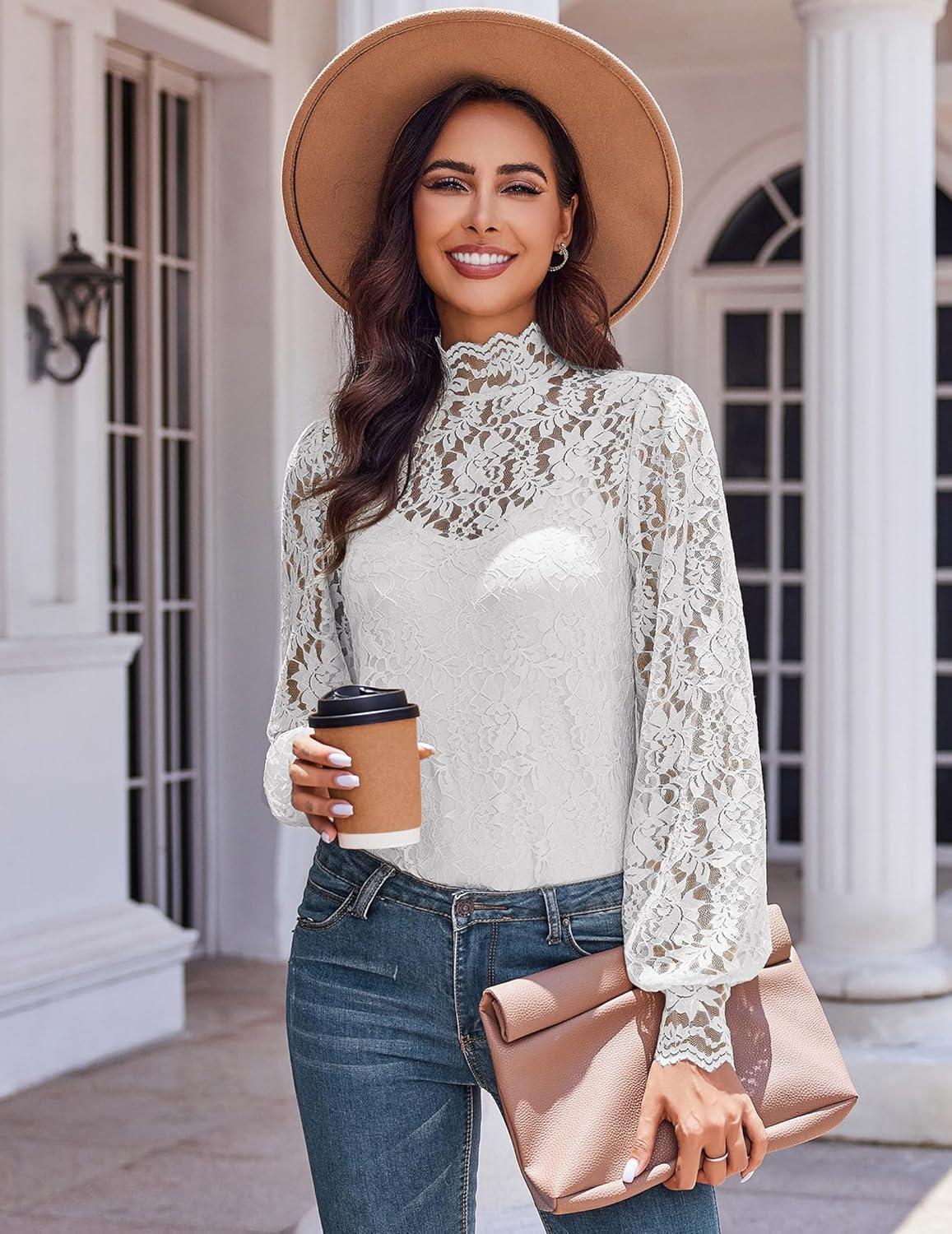 imageZeagoo Women Lace Tops Long Sleeves Mock Neck Casual Dressy Tops with Separable Camisole Sexy Blouses Shirts 2 PCS SetWhite