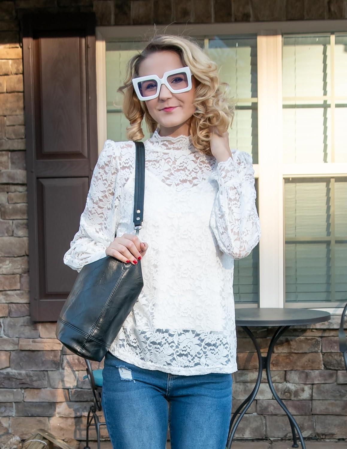 imageZeagoo Women Lace Tops Long Sleeves Mock Neck Casual Dressy Tops with Separable Camisole Sexy Blouses Shirts 2 PCS SetWhite